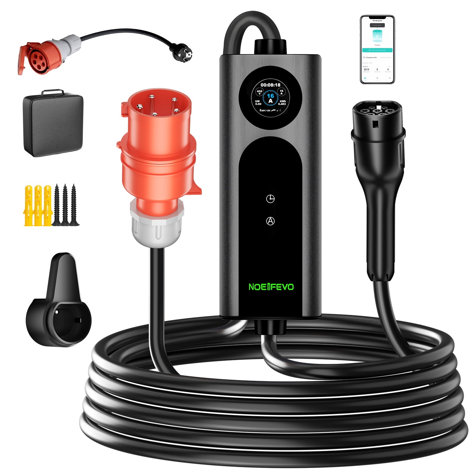 NOEIFEVO 2026 Pro mobilní wallbox 11 kW s aplikací, nabíjecí kabel pro elektromobily CEE 16A na Typ 2, 3fázová EV nabíječka pro všechny EV (IEC 62196-2) a PHEV