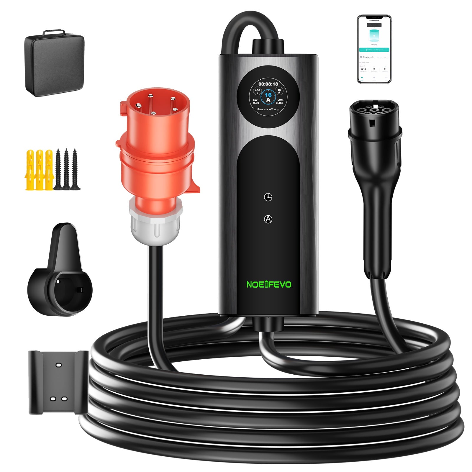 NOEIFEVO Q21W Wlan coche eléctrico Cargador móvil Wallbox 11kW con APP mando a distancia ,5m/10m Tipo2 CEE16A cable de carga trifásico 