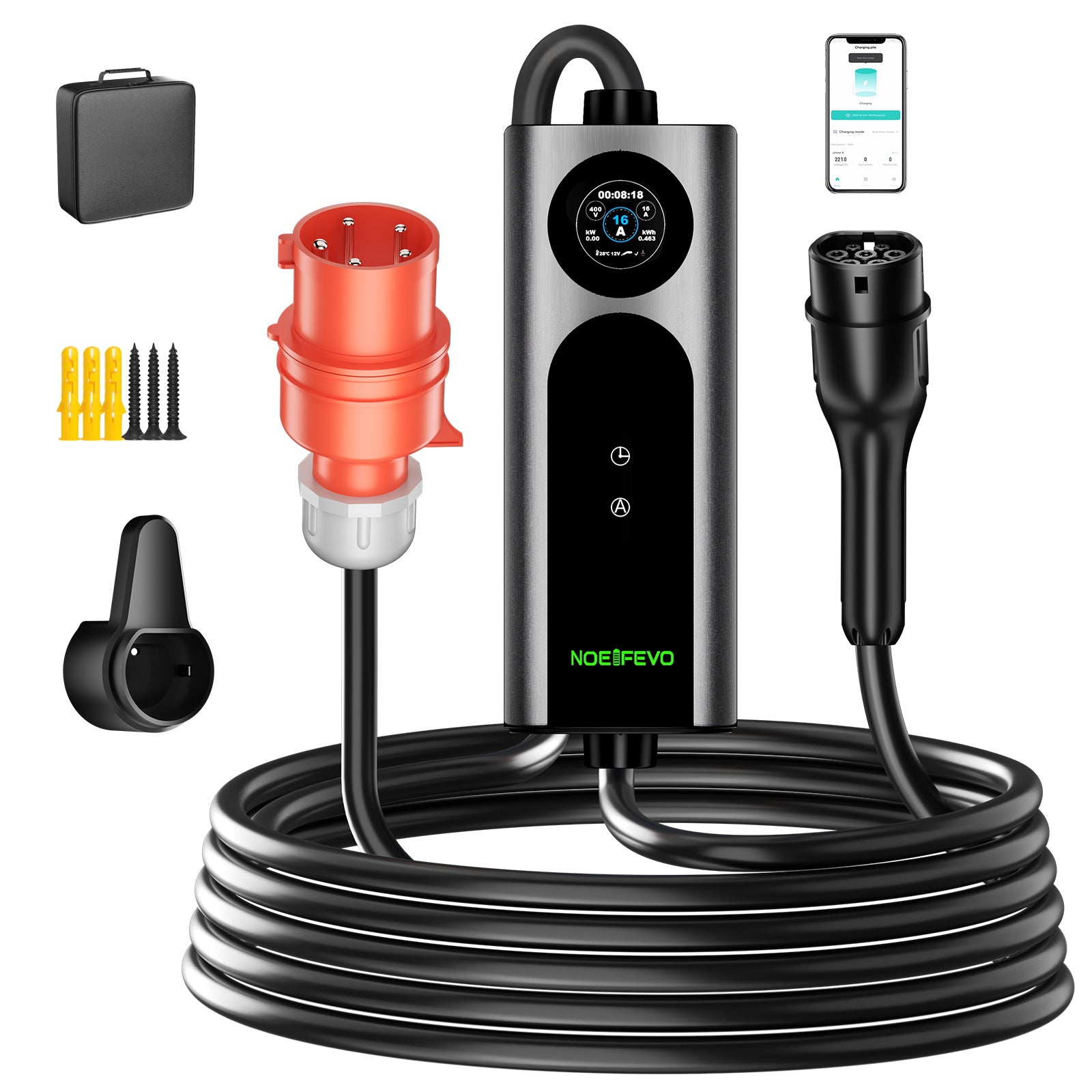 Noeifevo Type 2 Mobile EV Wallbox, 11KW 3-vaihe CEE16A Säädettävä Latausteho EV-laturi, 5m/10m/15m EV-latauskaapeli Model Y/3\:lle, ID.3/4/5, MG4, EX30, e-up, e-tron, Zoe ja muille EV\:lle.
