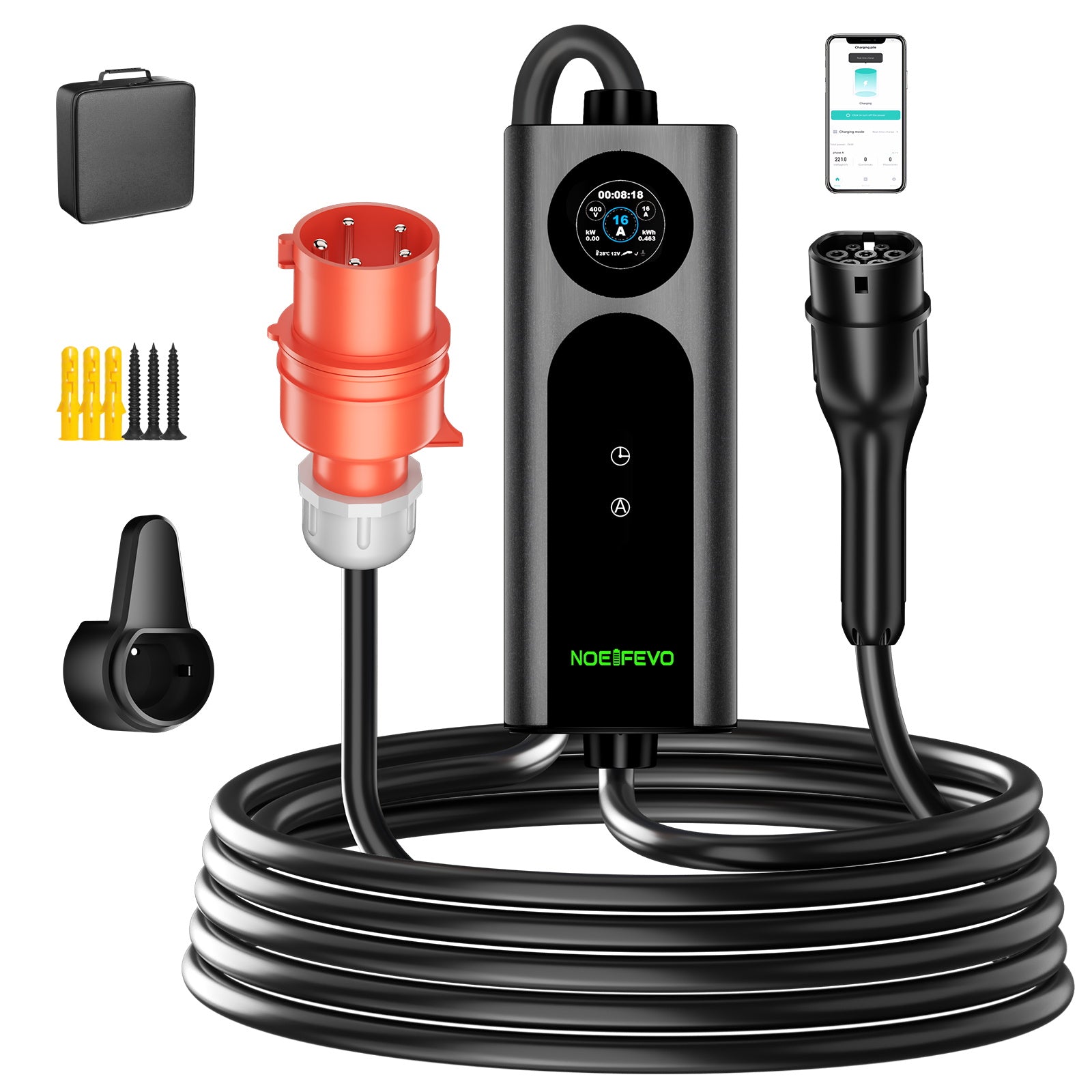 NOEIFEVO 2026 Pro mobilní wallbox 11 kW s aplikací, nabíjecí kabel pro elektromobily CEE 16A na Typ 2, 3fázová EV nabíječka pro všechny EV (IEC 62196-2) a PHEV