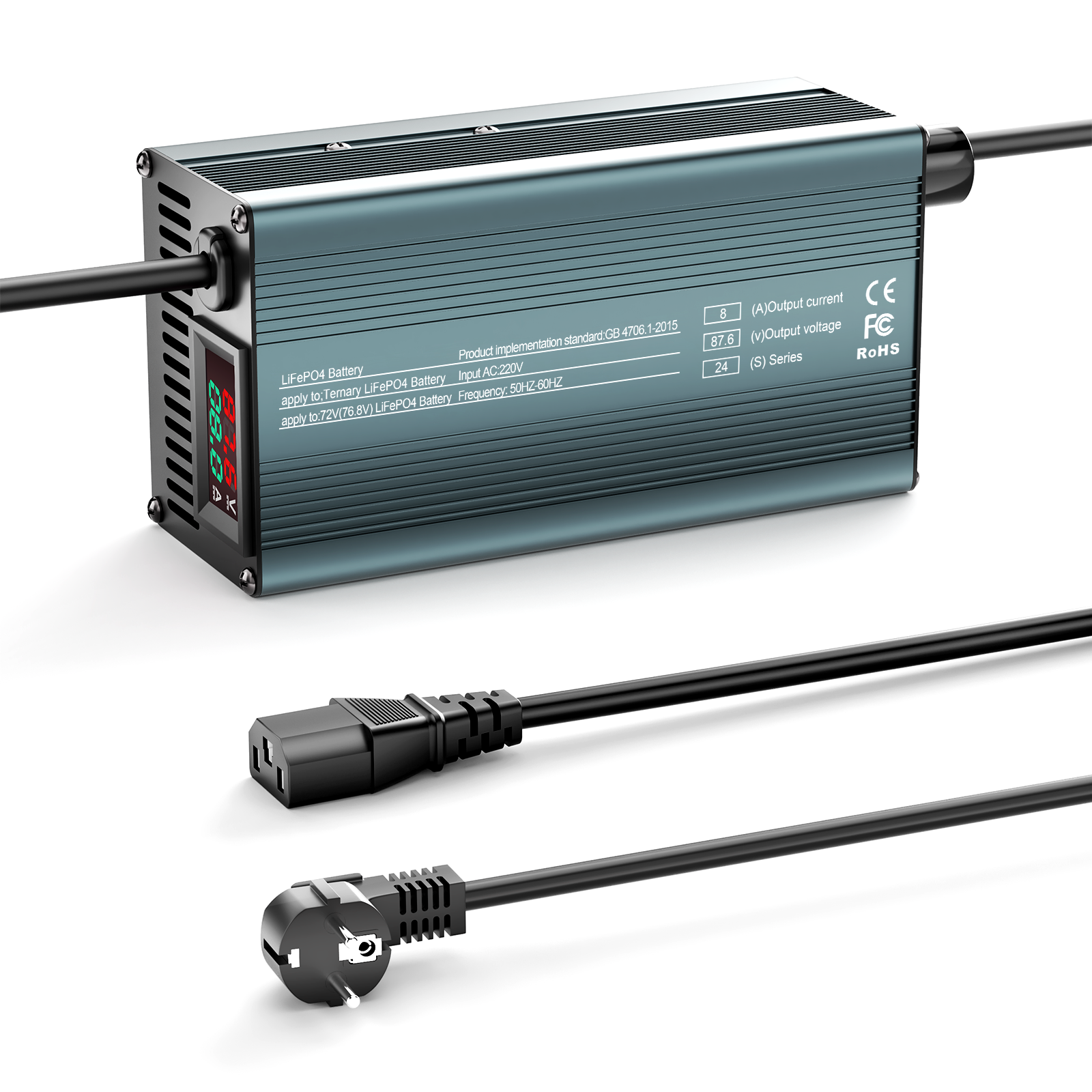 NOEIFEVO 87.6V 8A Lithium-LiFePO4-batteriladdare för 76.8V 24S LiFePO4-batterier, LCD-display, justerbar ström, laddare för golfbilar, trollingmotorer, båtar och husbilar