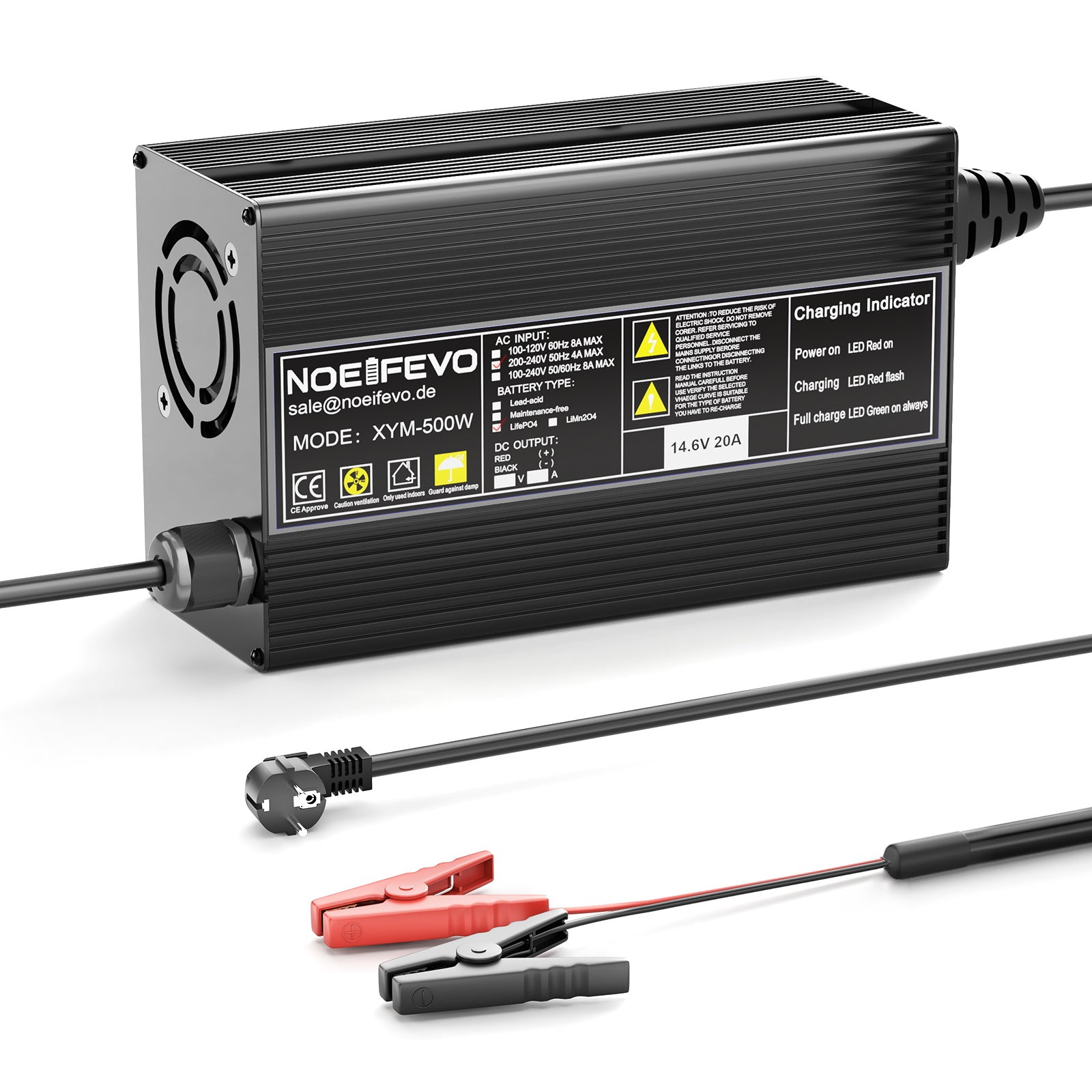 Noeifevo 14.6V 20A LiFePO4 batterijlader voor 12V 12.8V LiFePO4 lithium-batterij, 0V BMS-activering, automatische uitschakeling, behuizing van aluminiumlegering