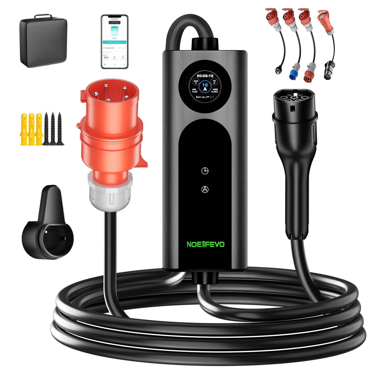 NOEIFEVO 2026 Pro mobilní wallbox 11 kW s aplikací, nabíjecí kabel pro elektromobily CEE 16A na Typ 2, 3fázová EV nabíječka pro všechny EV (IEC 62196-2) a PHEV