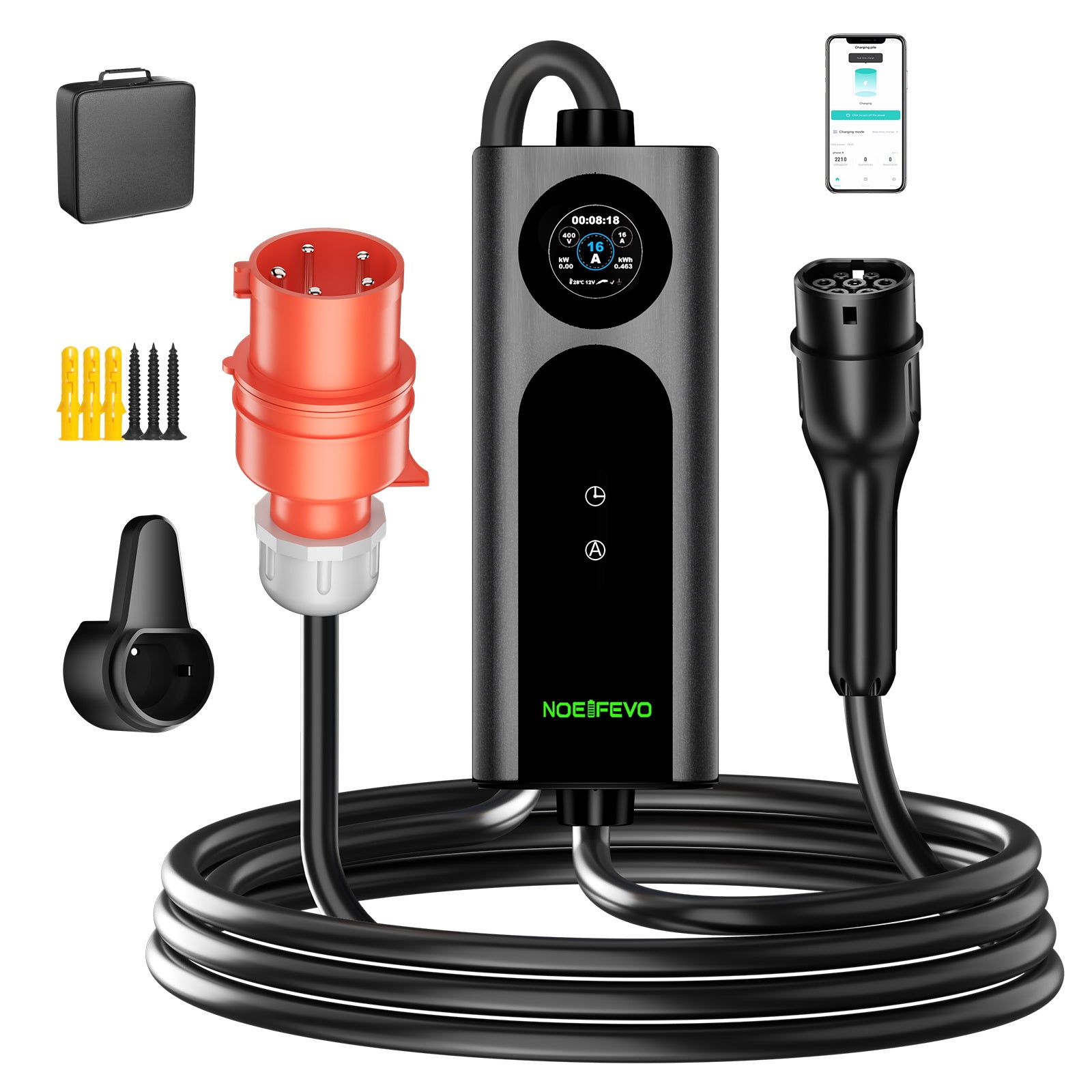 NOEIFEVO 2026 Pro Mobile Wallbox 11kw mit app, e auto CEE 16A auf Typ 2 Ladekabel, 3-phasig EV Ladegerät für Allen EVs(IEC 62196-2) & PHEVS