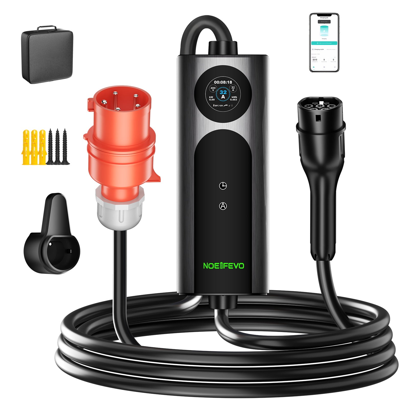 22KW 32A 3-fase type 2 høystrøm hurtigladekabel Mobil elbil veggboks, 5 meter kabel
​