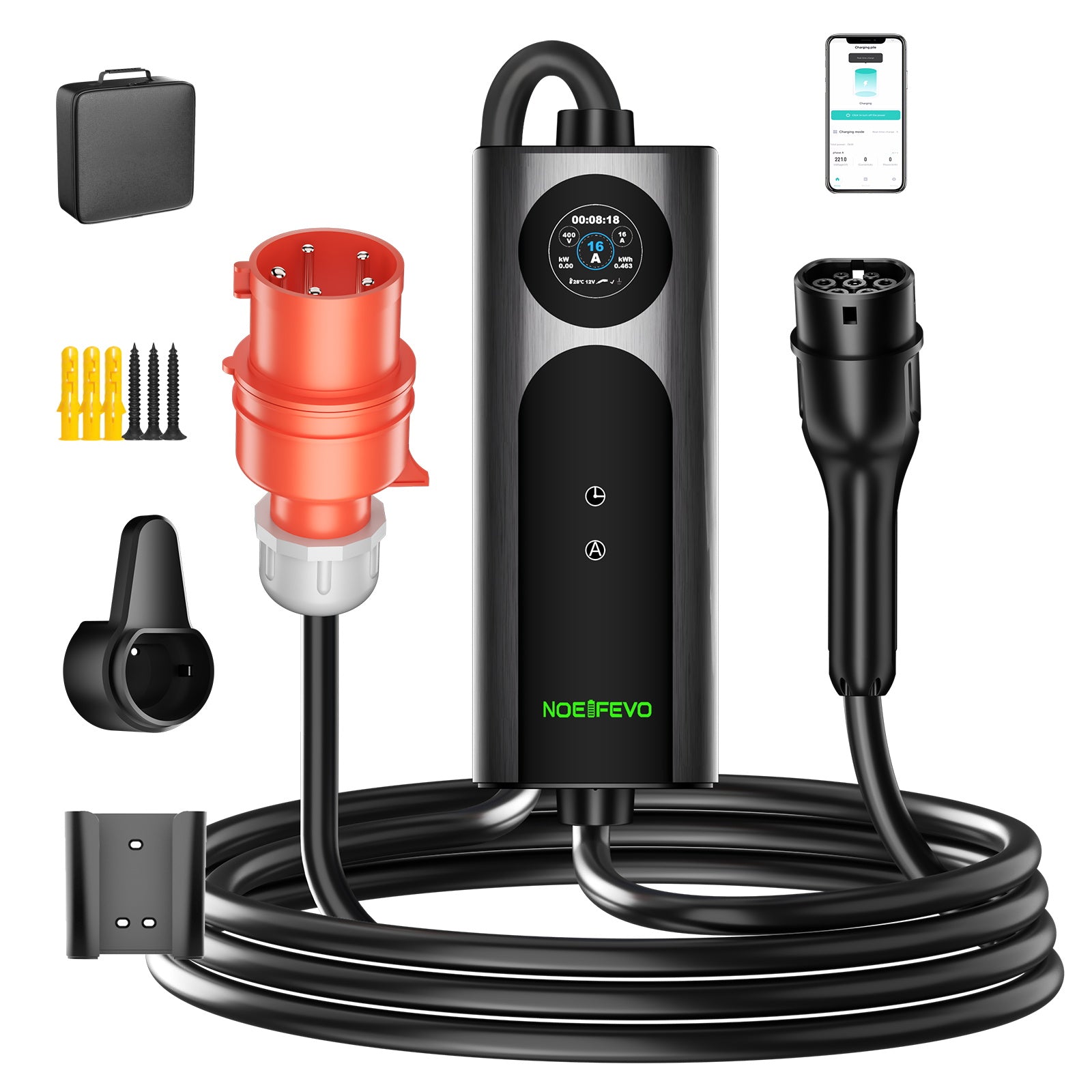 NOEIFEVO Q21W Wlan coche eléctrico Cargador móvil Wallbox 11kW con APP mando a distancia ,5m/10m Tipo2 CEE16A cable de carga trifásico 