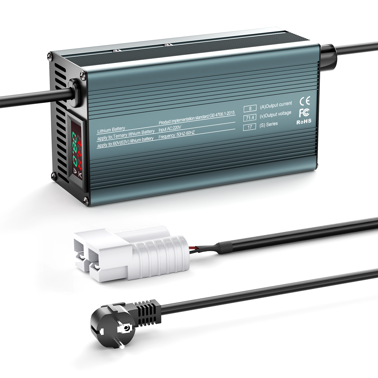 NOEIFEVO 71,4V 8A Lithiumbatterilader til 17S 62,9V Li-Ion-batterier, Strømindstilling 1-8A, langsom opladning og hurtig opladning (MLC1300)