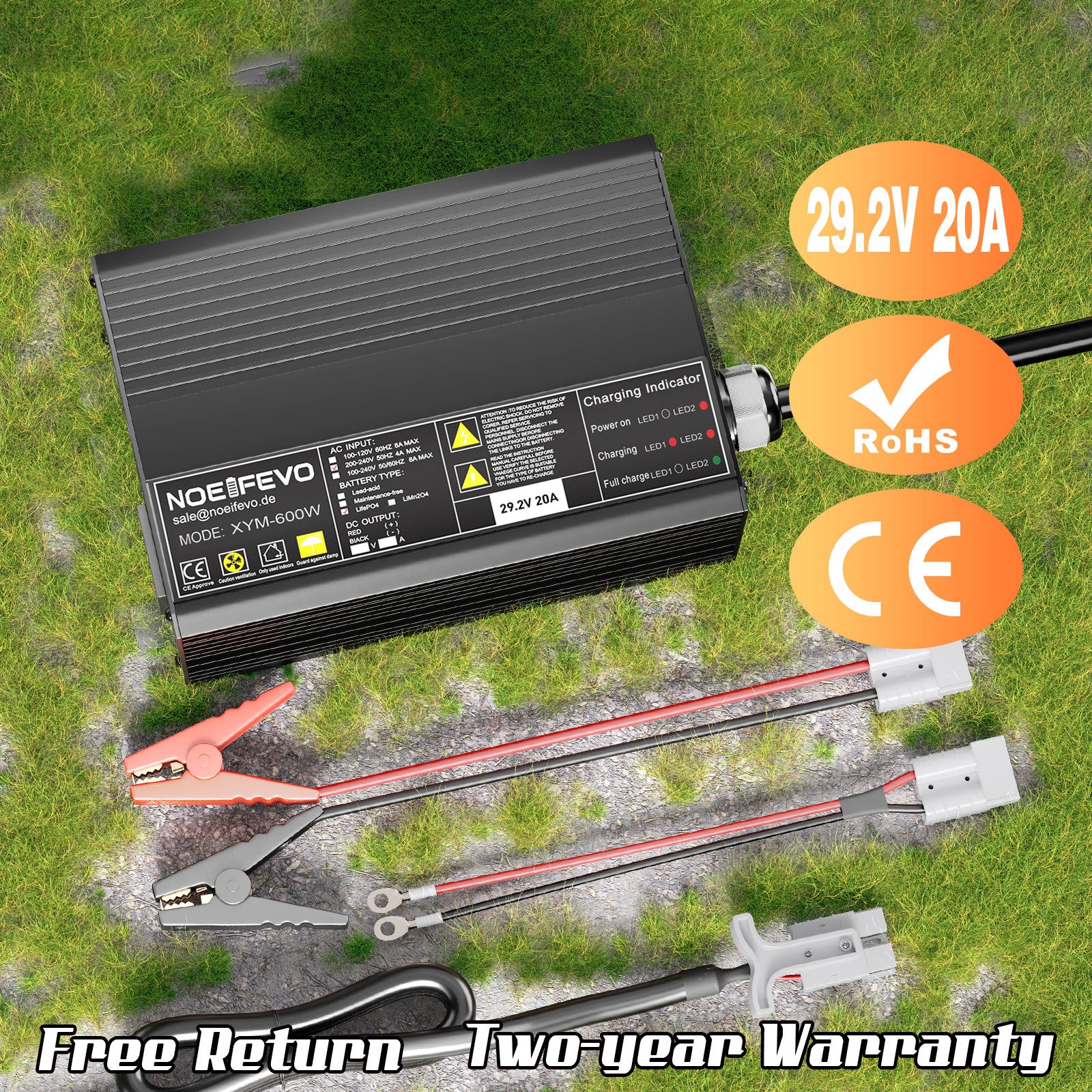 Noeifevo 29.2V 20A LiFePO4 batterijlader voor 24V 25.6V lithium-ionbatterij, 0V BMS-activering, automatische uitschakeling met volledige bescherming