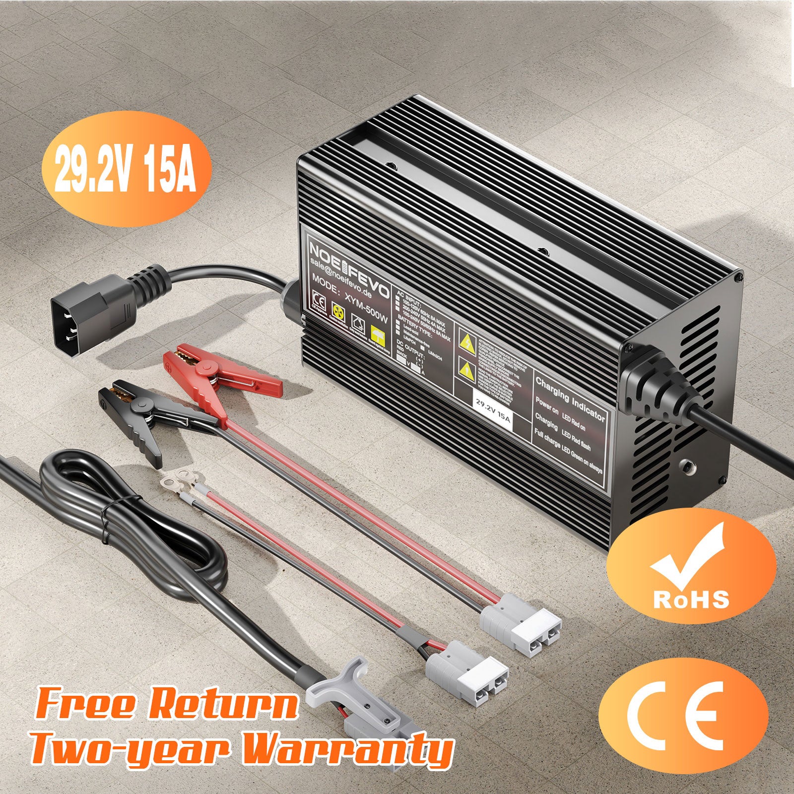 Noeifevo 29.2V 15A LiFePO4 batterijlader voor 24V 25.6V lithium batterij, 0V BMS activering, automatische uitschakeling met volledige bescherming