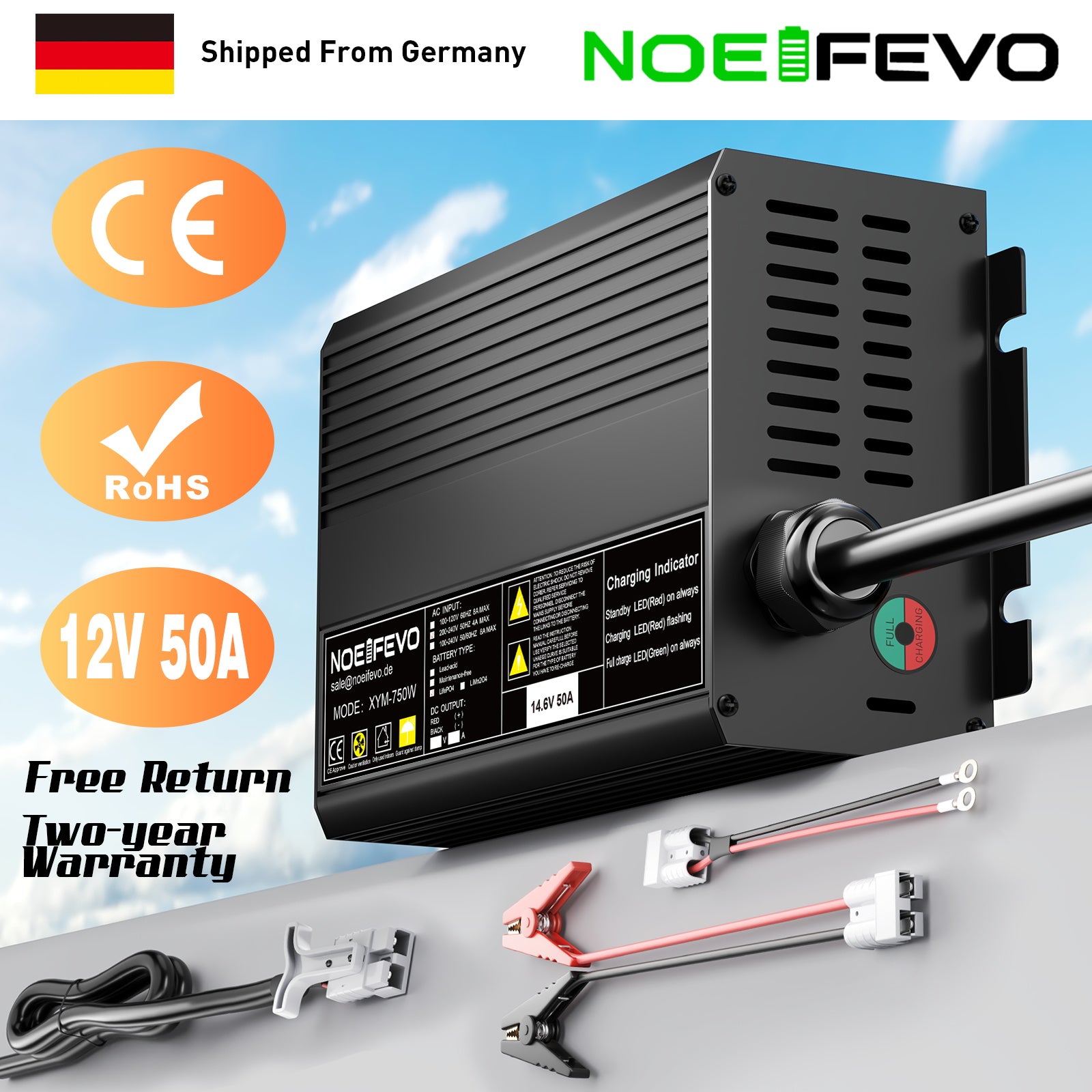 מטען סוללות Noeifevo 14.6V 50A מהיר ליתיום LiFePO4 לסוללת 12V(12.8V) LiFePO4, הפעלה של 0V BMS, כיבוי אוטומטי עם הגנה מלאה