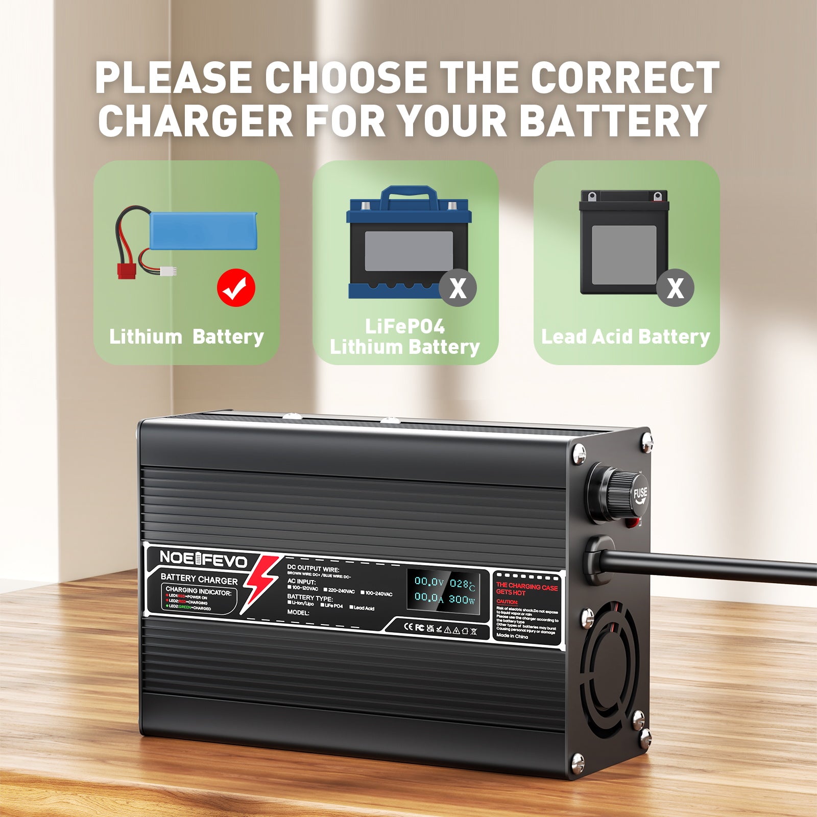 NOEIFEVO 29.4V 5A Lithium-oplader til 7S 25.9V Li-Ion Lipo-batterier, med LCD-skærm, køleventilator, automatisk slukning