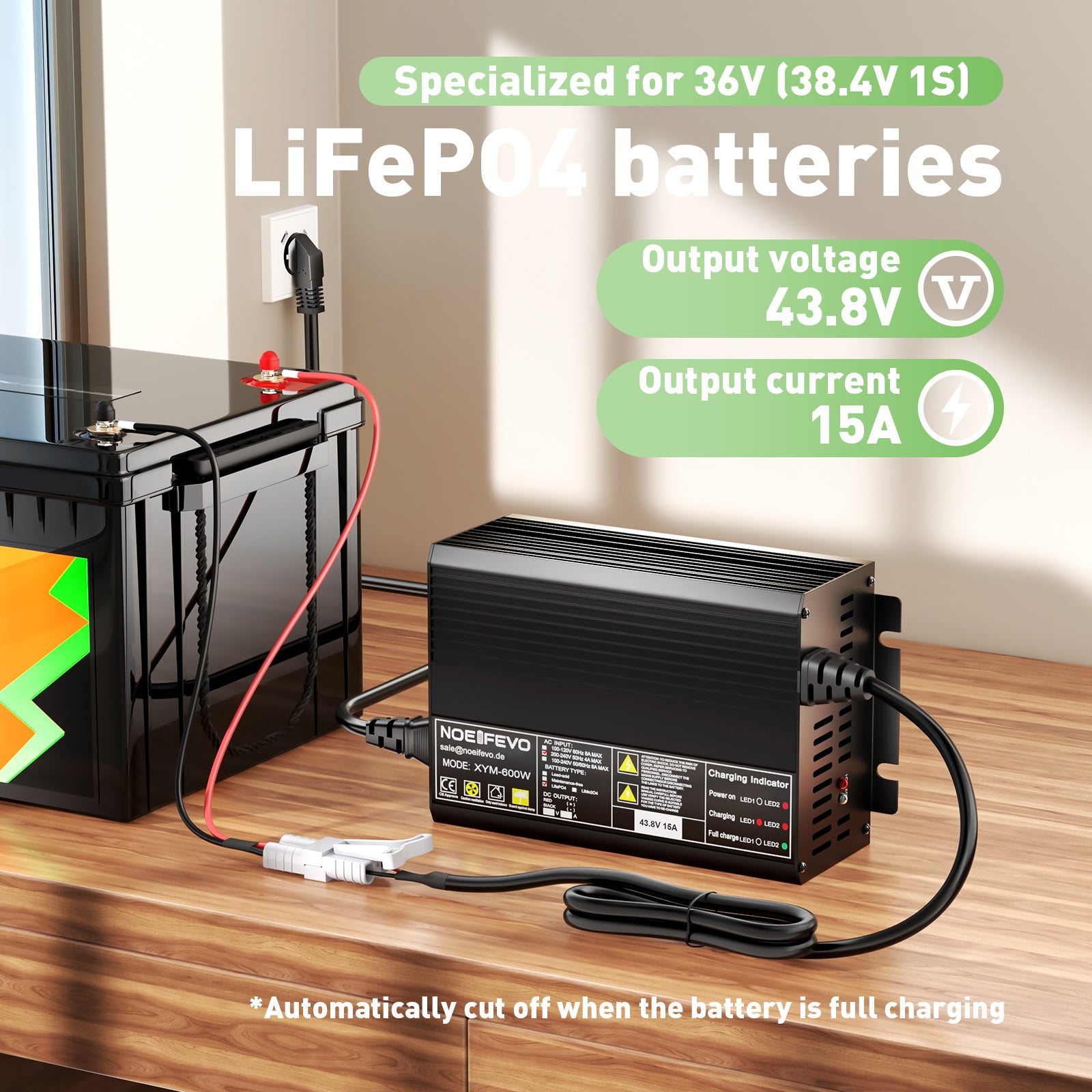 מטען סוללות Noeifevo 43.8V 15A LiFePO4 עבור סוללת LiFePO4 36V 38.4V 12S