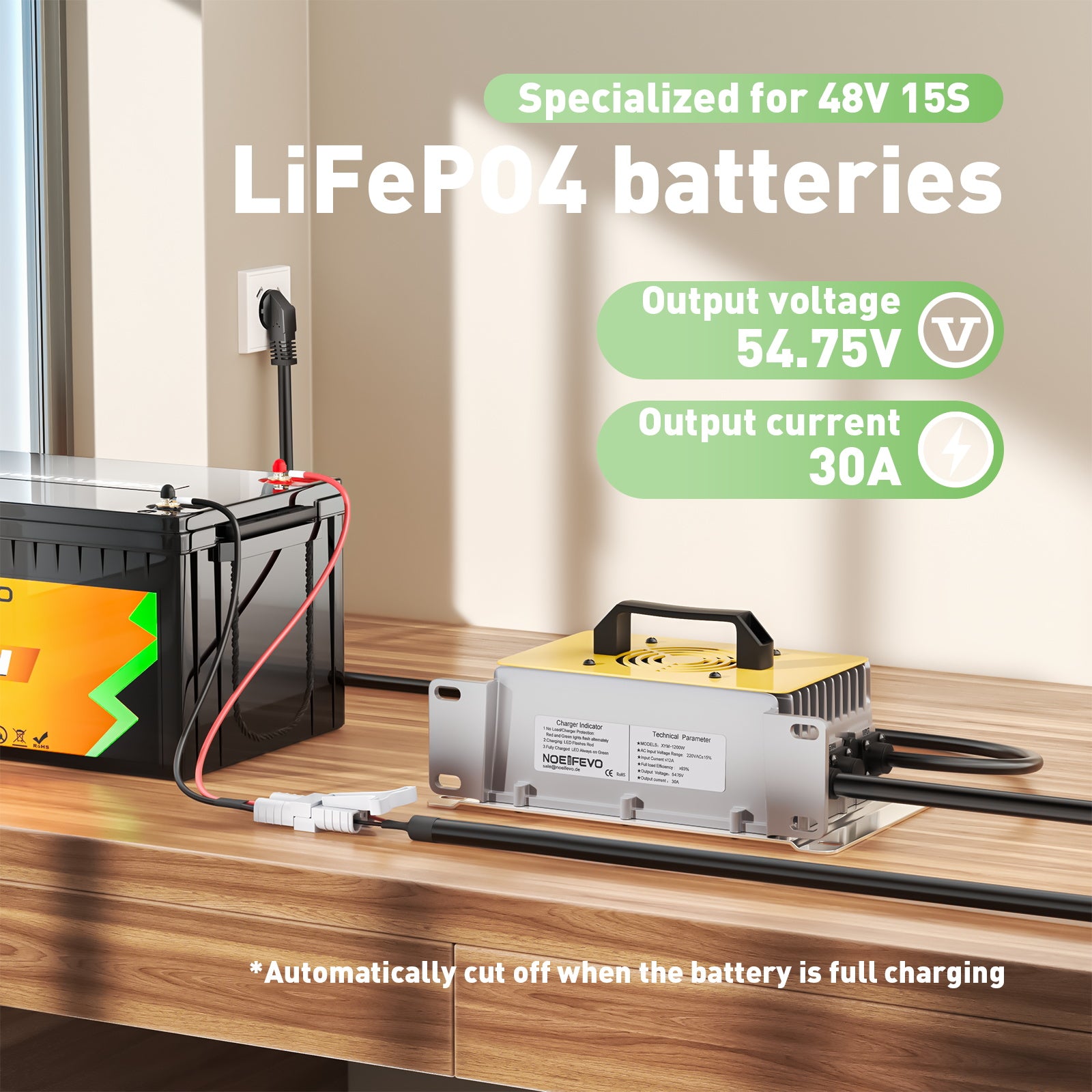 NOEIFEVO 54.75V 30A LiFePO4 batteriladdare för 48V 15S LiFePO4 batteri, vattentät