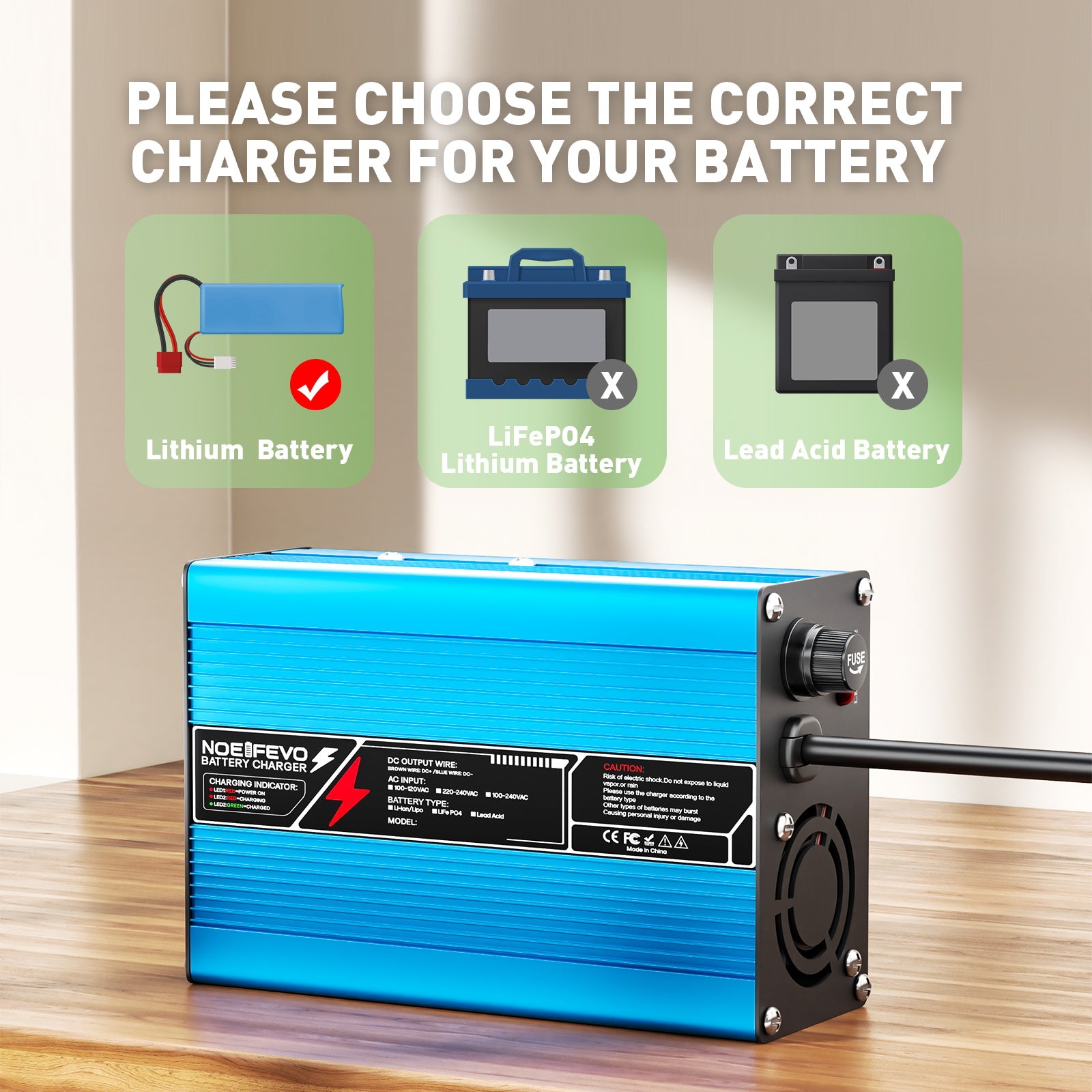 NOEIFEVO 36,5V 6A LiFePO4 Batterijlader voor 32V 10S LiFePO4-batterij, automatische uitschakeling, aluminium behuizing, met ventilator