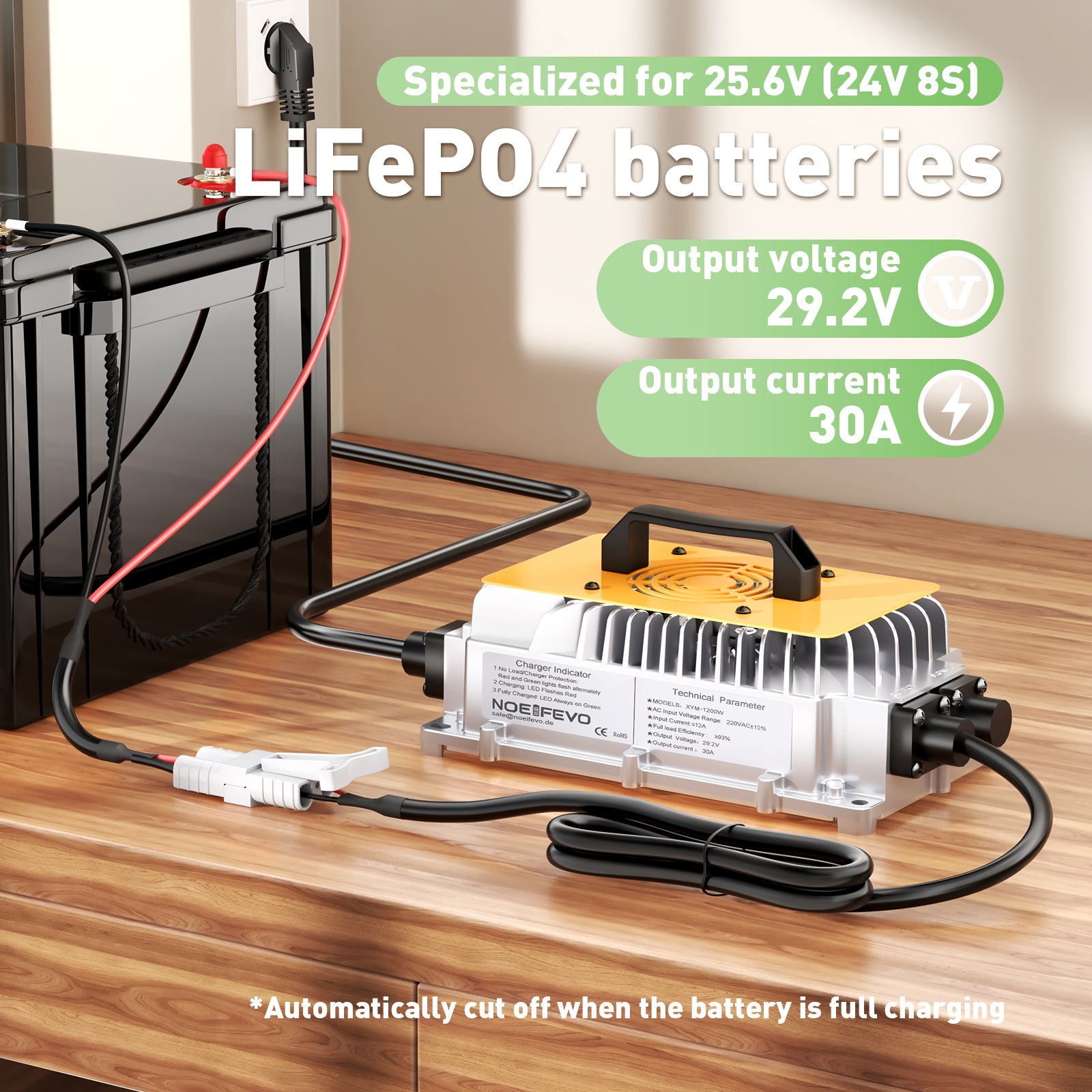 מטען סוללות Noeifevo 29.2V 30A LiFePO4 עבור סוללת LiFePO4 24V 25.6V