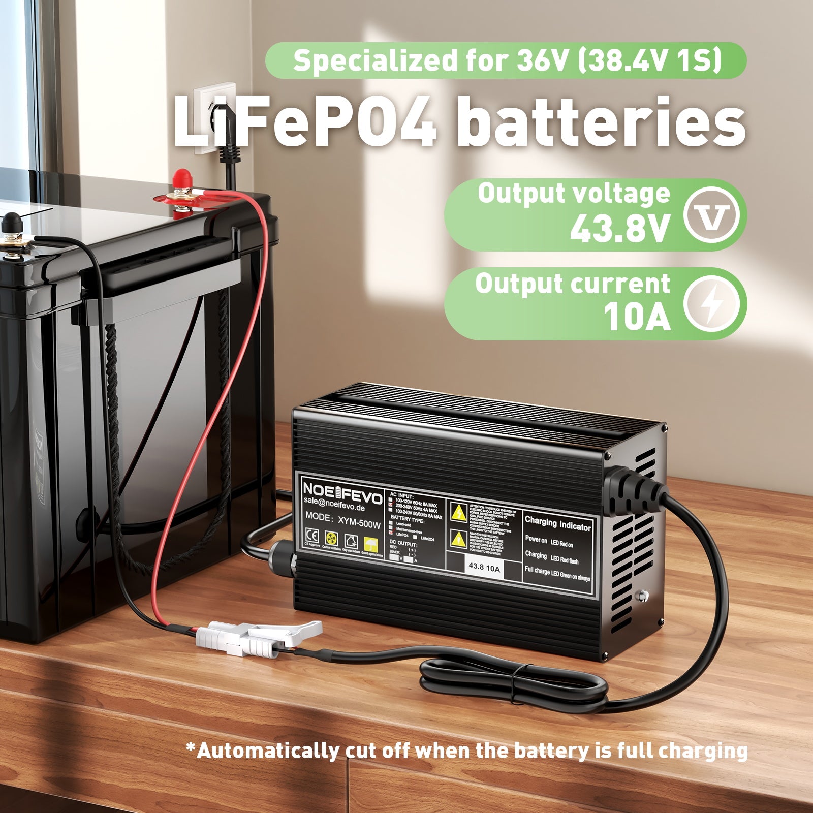 Noeifevo 43.8V 10A LiFePO4 batterioplader til 36V 38.4V 12S LiFePO4 batteri