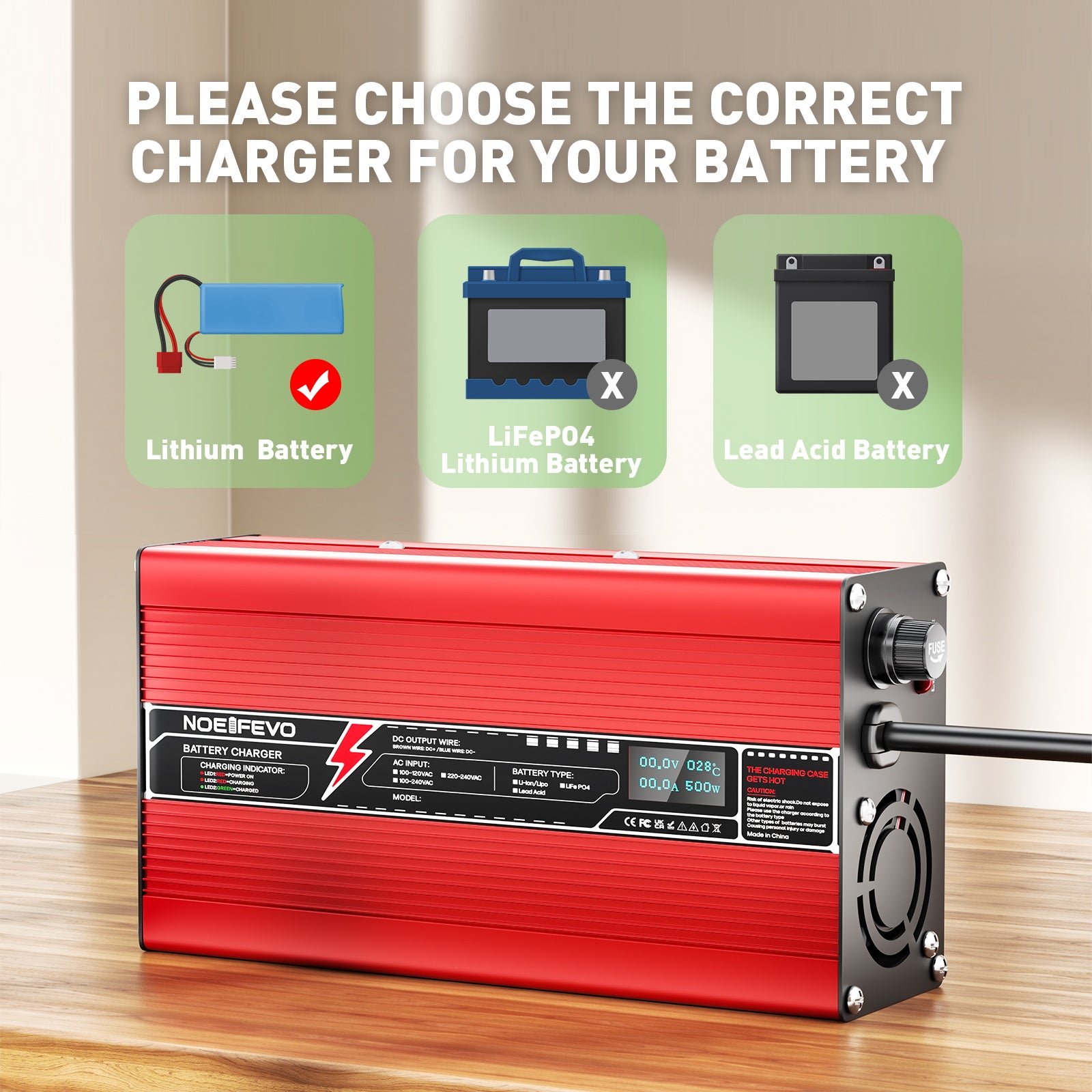 NOEIFEVO 60V 6A Blei-Säure-Batterieladegerät, Ladespannung 69V-73.5V, automatische Abschaltung, OLED-Display, Aluminiumgehäuse, mit Lüfter