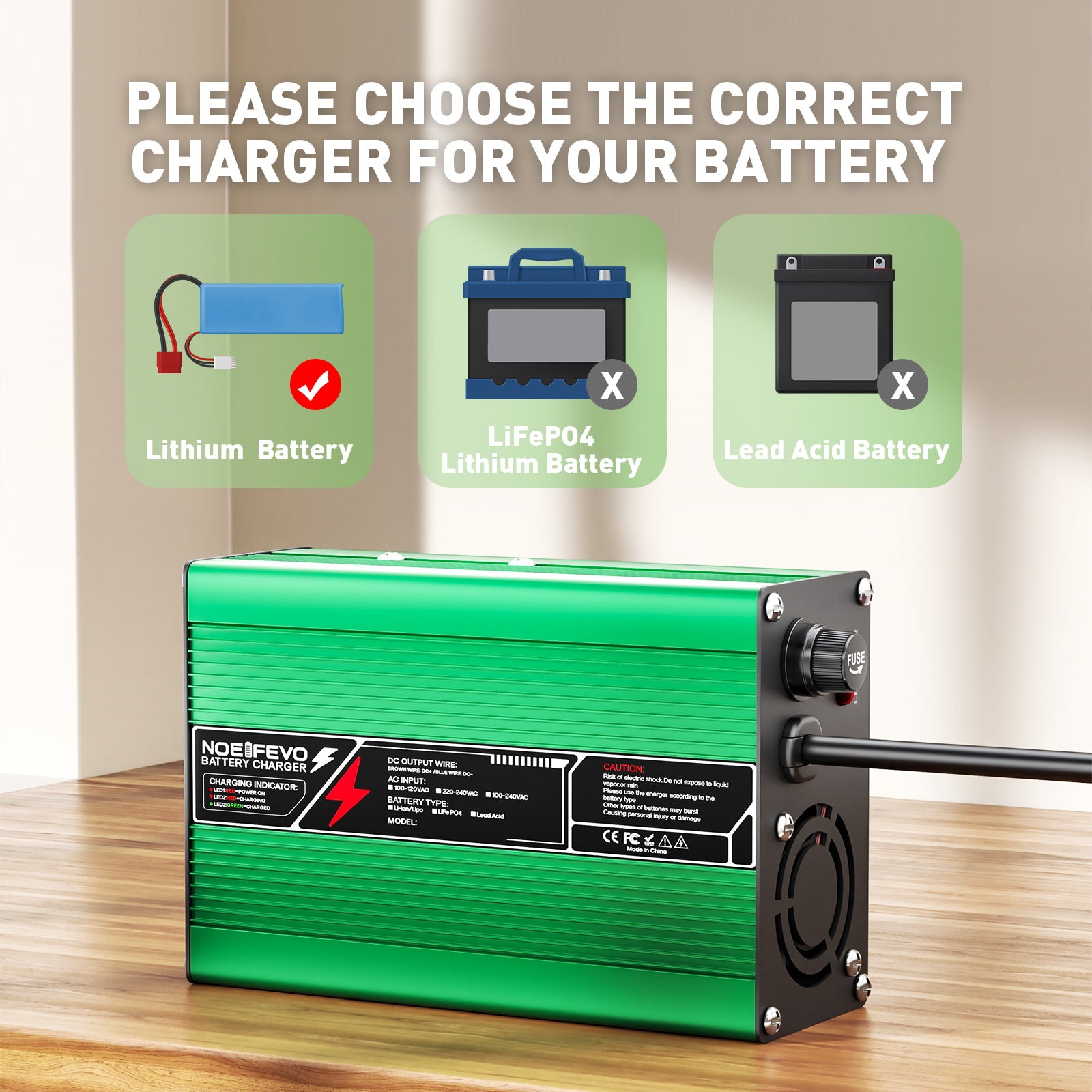 NOEIFEVO 37.8V 2A 3A 3.5A 4A Caricabatterie al Litio per Batterie Li-Ion Lipo 9S 33.3V, Ventola di Raffreddamento, Spegnimento Automatico (VERDE)