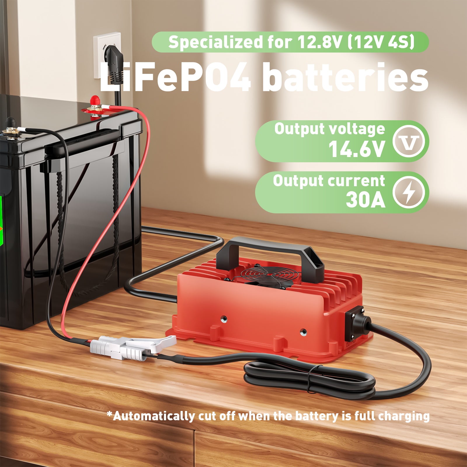 NOEIFEVO 14,6V 30A vandtæt LiFePO4 batterioplader til 12V(12,8V) 4S LiFePO4 batteri