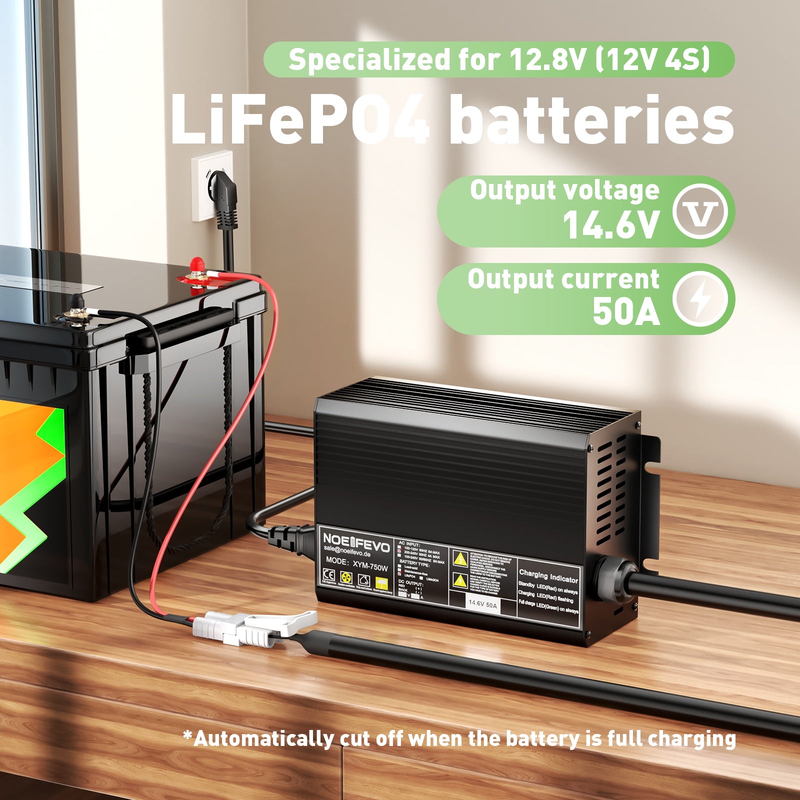 Noeifevo 14.6V 50A LiFePO4 Caricabatteria per 12V (12.8V) LiFePO4 Batteria, Reset LiFePO4 Caricabatteria