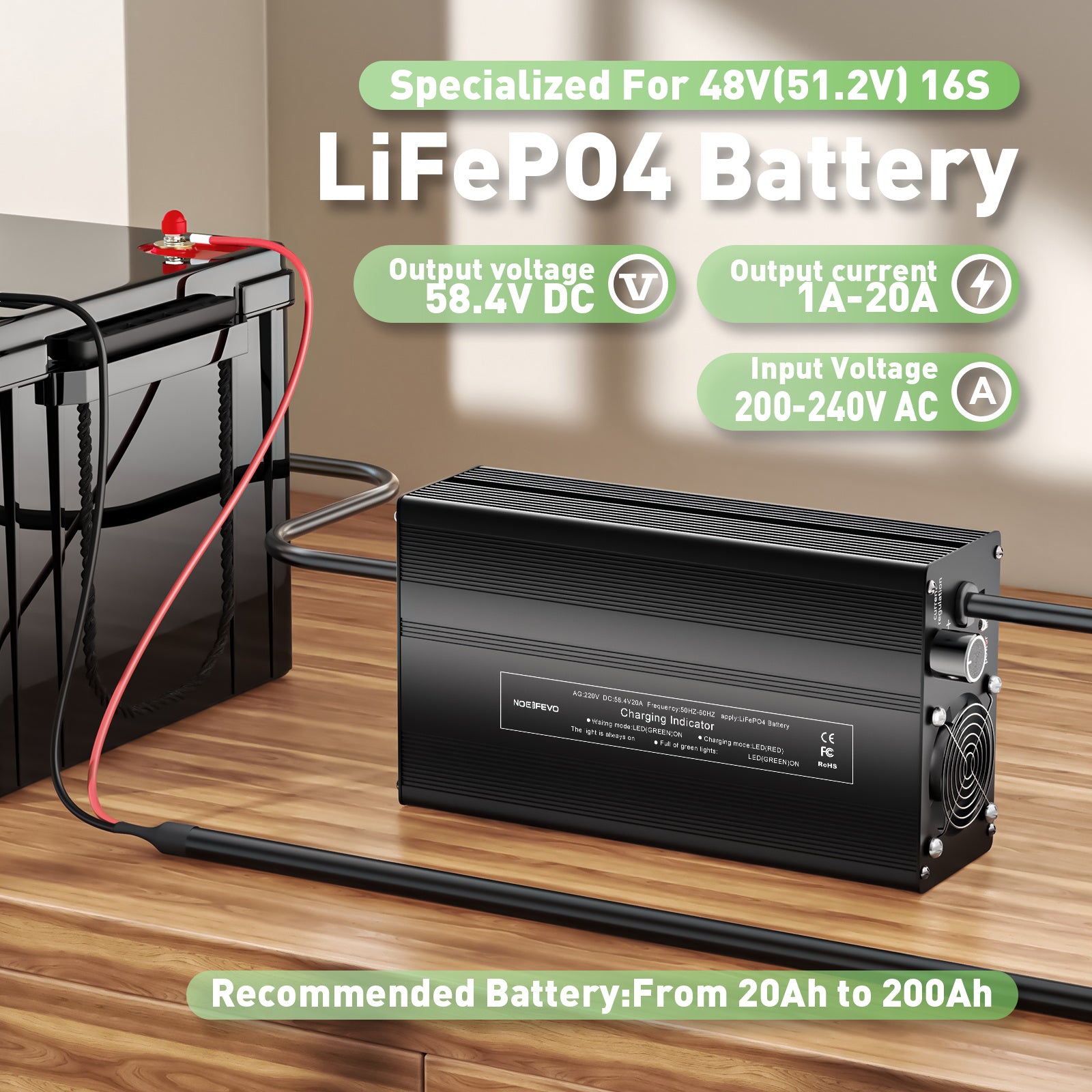 NOEIFEVO 58.4V 20A Lithium-LiFePO4-oplader til 51.2V 16S LiFePO4-batteri, LCD-skærm, justerbar strøm, oplader til golfvogne, trollingmotor, båd og campingvogne