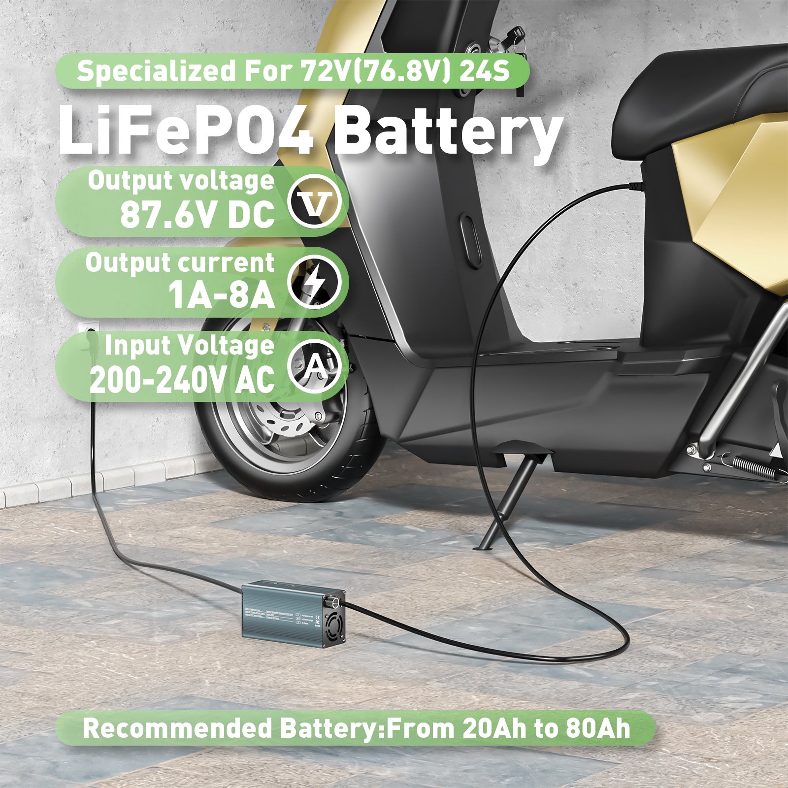 NOEIFEVO 87.6V 8A Lithium-LiFePO4-batteriladdare för 76.8V 24S LiFePO4-batterier, LCD-display, justerbar ström, laddare för golfbilar, trollingmotorer, båtar och husbilar