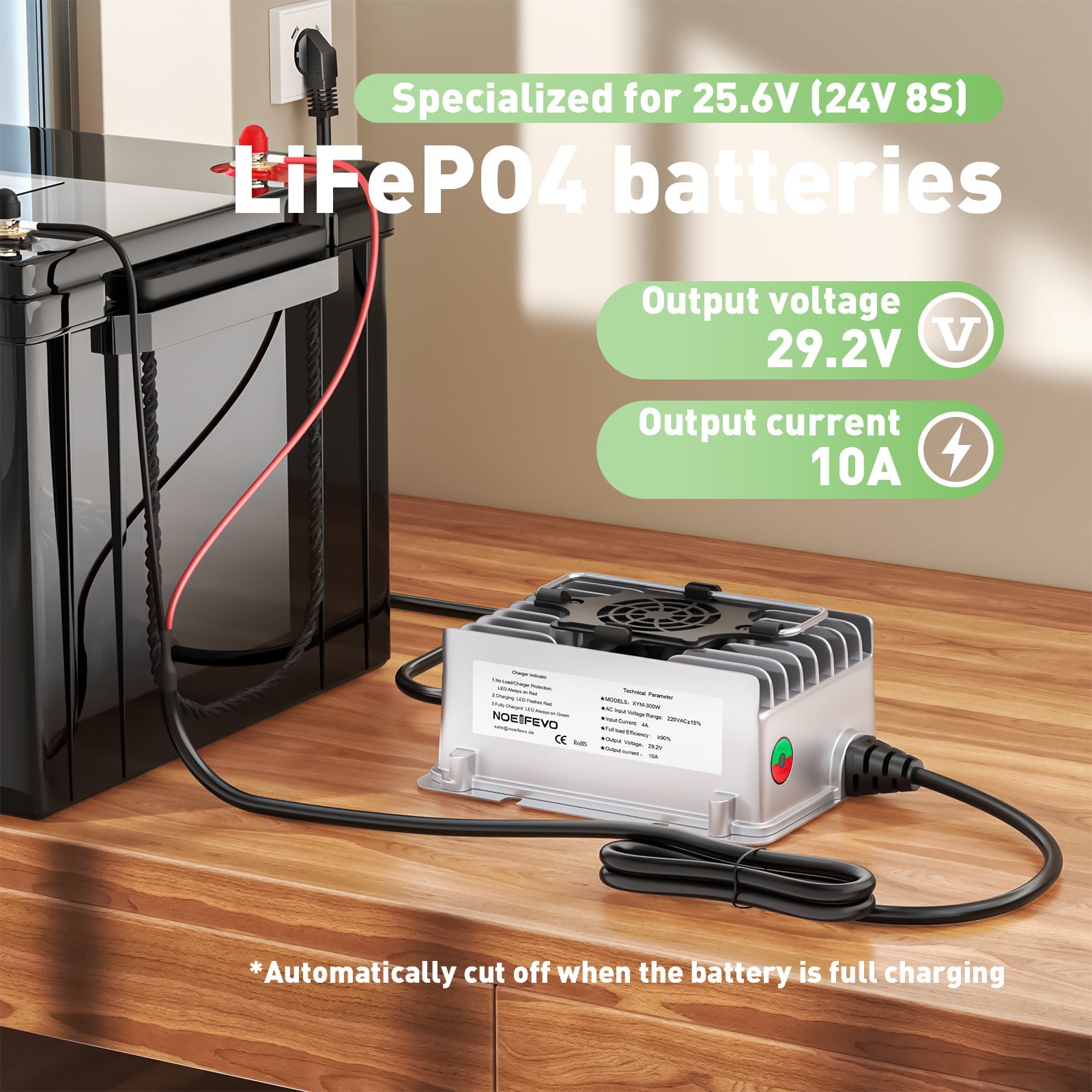 NOEIFEVO 29,2V 10A vandtæt LiFePO4 batterioplader til 25,6V(24V) 8S LiFePO4 batteri