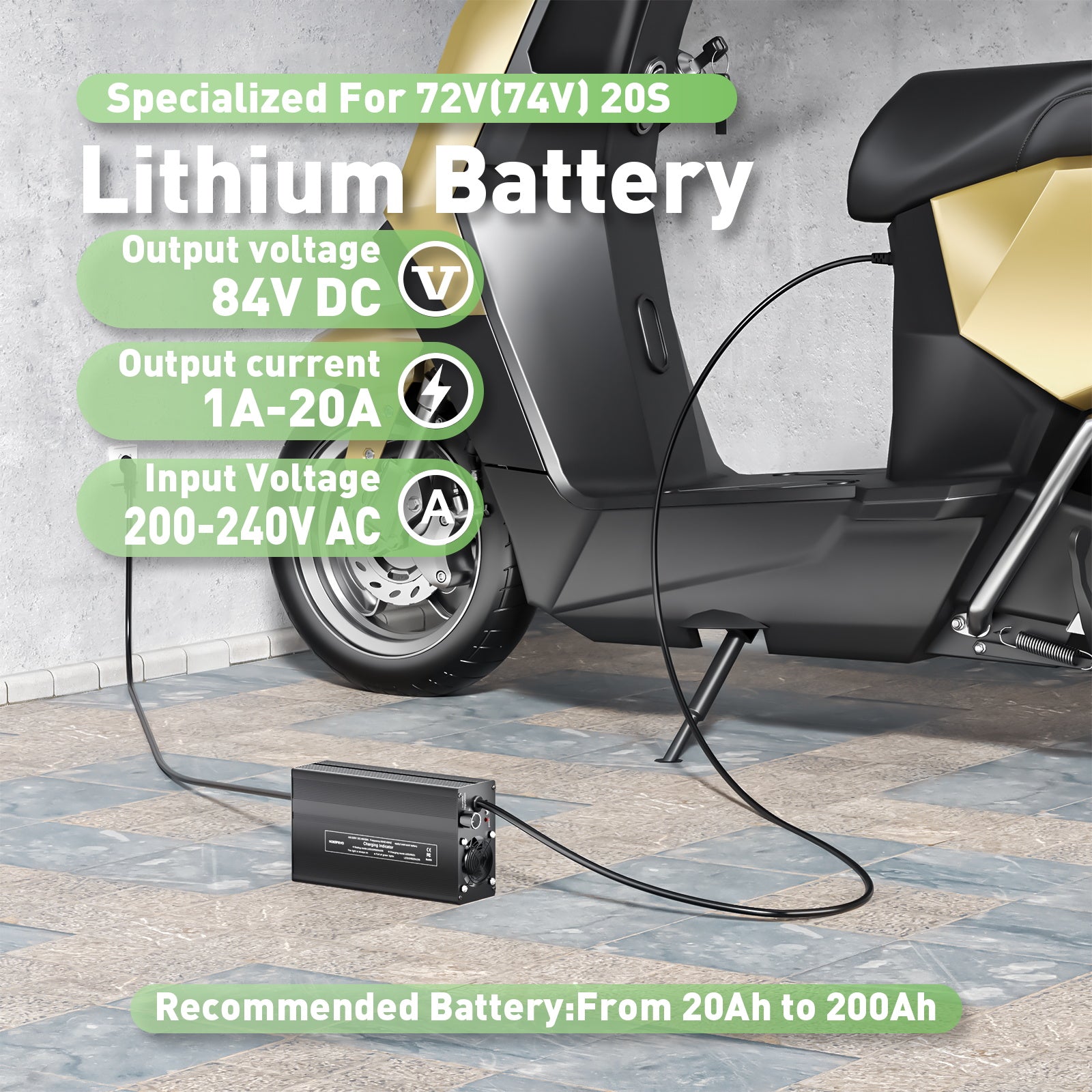 NOEIFEVO 84V 20A Lithium-batterijlader voor 74V 20S Lithium-Li-Ion-Lipo-batterij, LCD-display, instelbare stroom, lader voor E-bike, scooter, elektromotorfiets