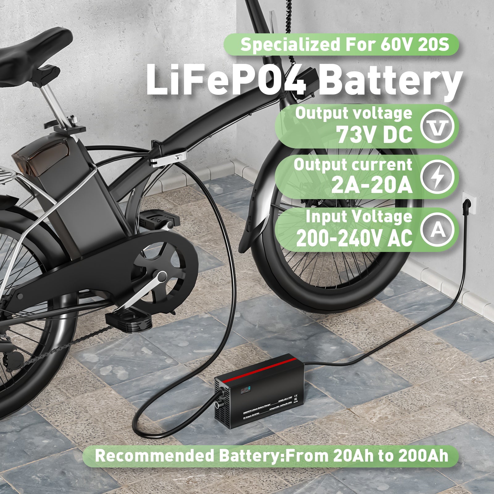 NOEIFEVO 73V 2-20A Litium-LiFePO4-laddare för 60V 64V 20S LiFePO4-batteri, LCD-display, justerbar ström, laddare för trollingmotor, båt och husvagnar