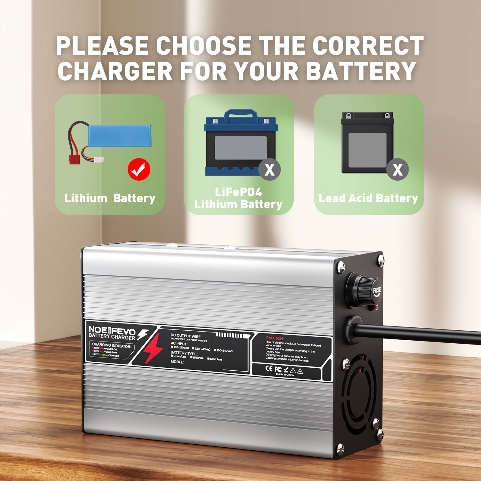 NOEIFEVO 16.8V 5A 6A 7A 8A 10A Lithium-lader til 4S 14.8V Li-Ion Lipo-batterier, med kølefaner og automatisk slukning.