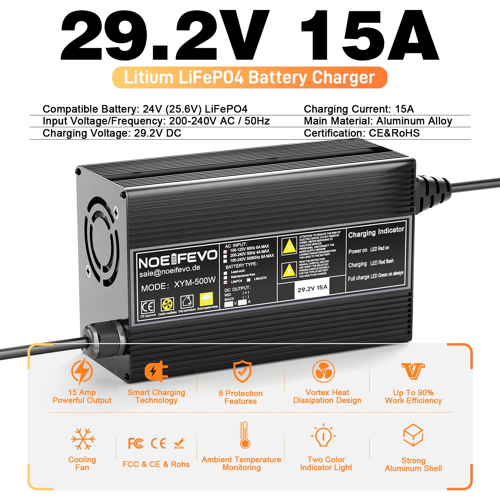 Noeifevo 29.2V 15A LiFePO4 batterijlader voor 24V 25.6V lithium batterij, 0V BMS activering, automatische uitschakeling met volledige bescherming