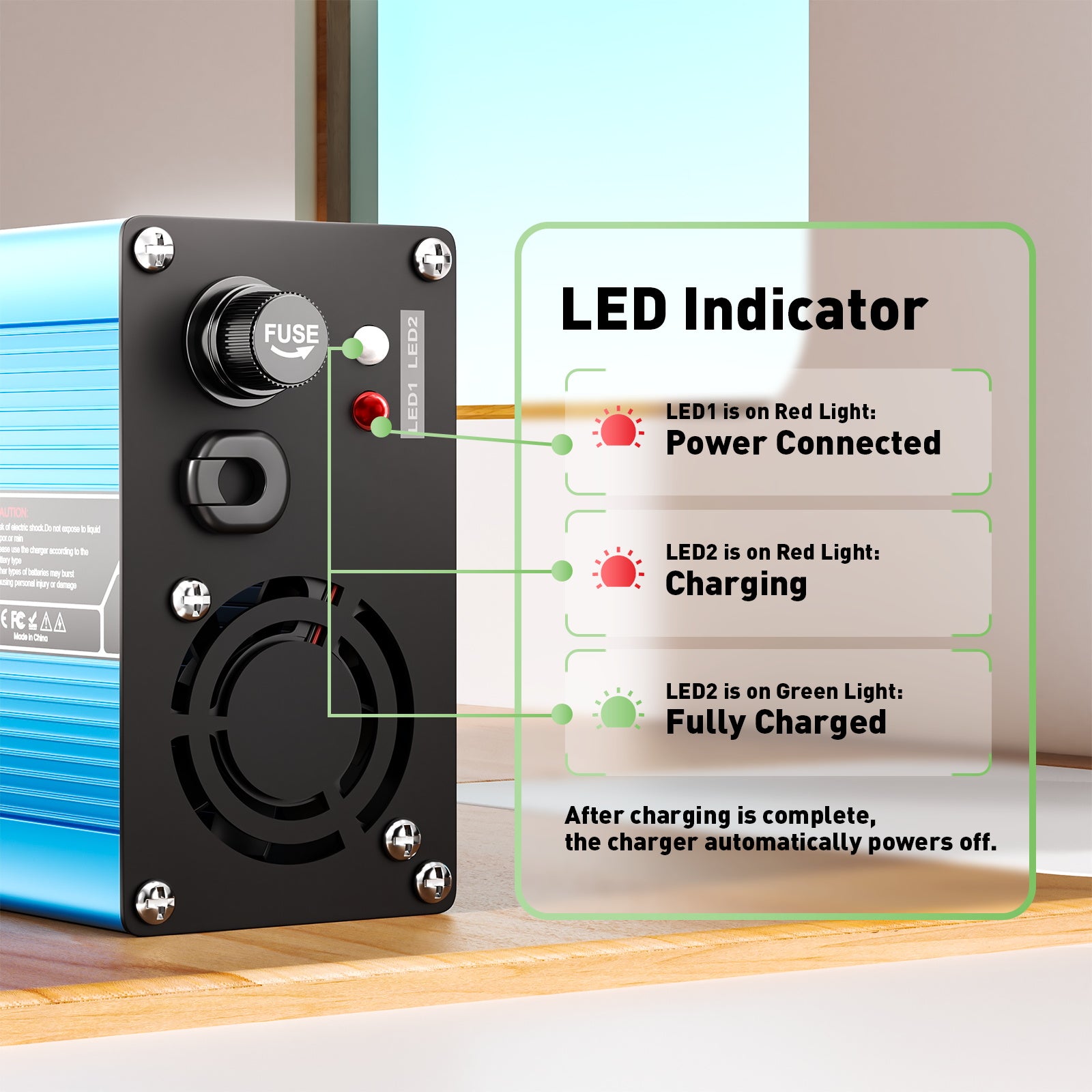 NOEIFEVO 27.6V-29.4V 5A Olovené akumulátorové nabíjačky pre 24V olovené akumulátory, chladiaci ventilátor, automatické vypnutie (BLUE)