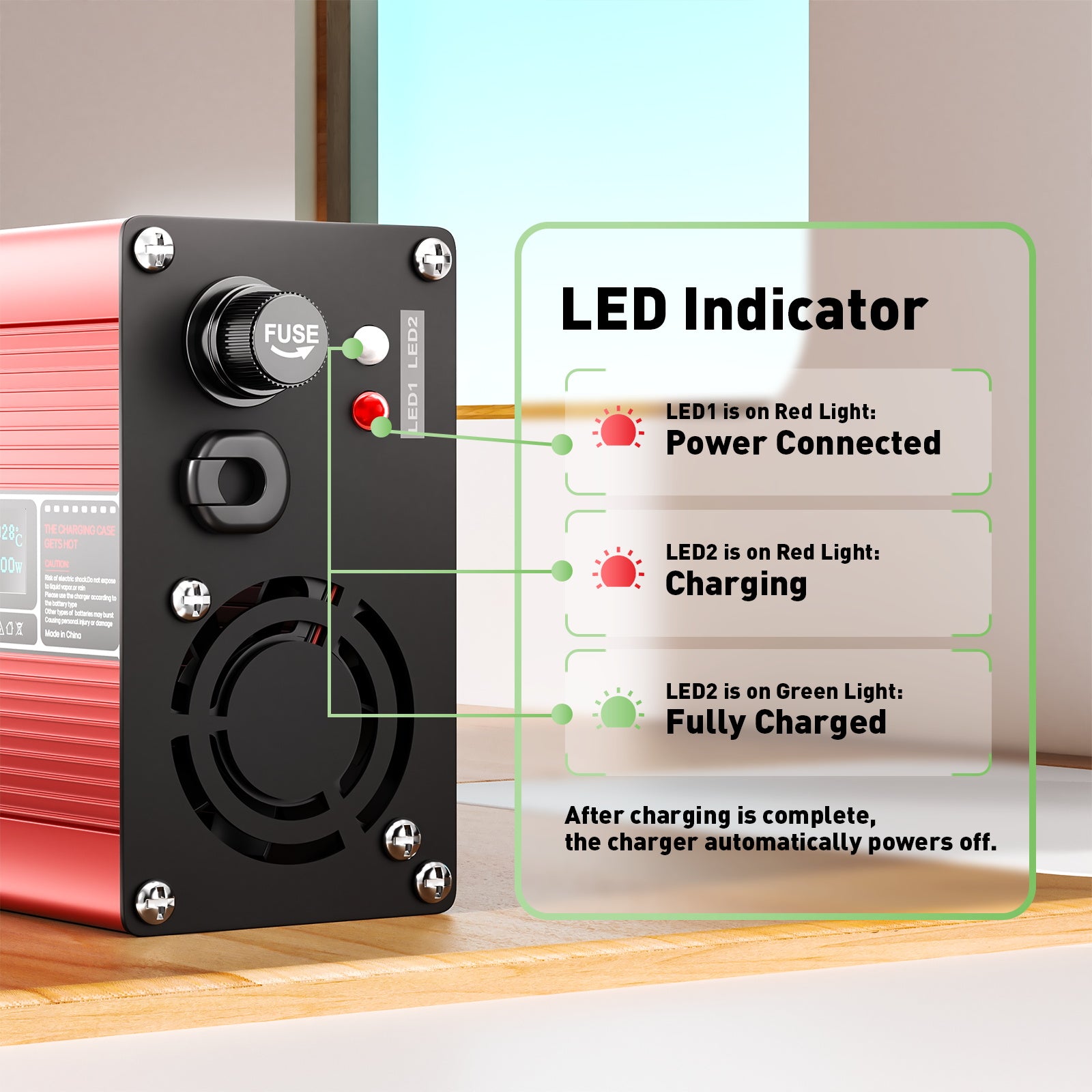 Carregador de Lítio NOEIFEVO 25,2V 2A 3A 4A 5A para Baterias Li-Ion Lipo 6S 22,2V, Ventilador de Resfriamento, Desligamento Automático (VERMELHO)