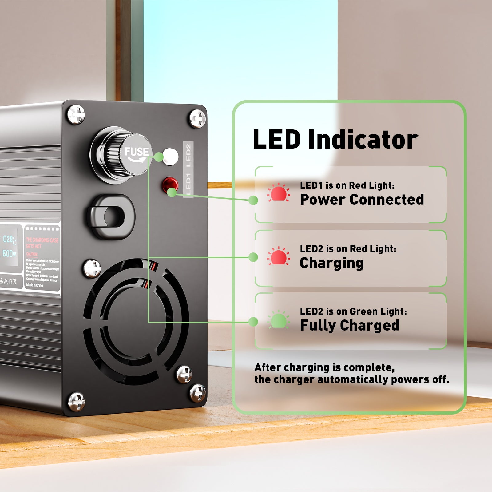 NOEIFEVO 42V 10A Carregador de Lítio para Bateria 10S 37.0V, Indicador LED, Caixa de Alumínio, Ventilador