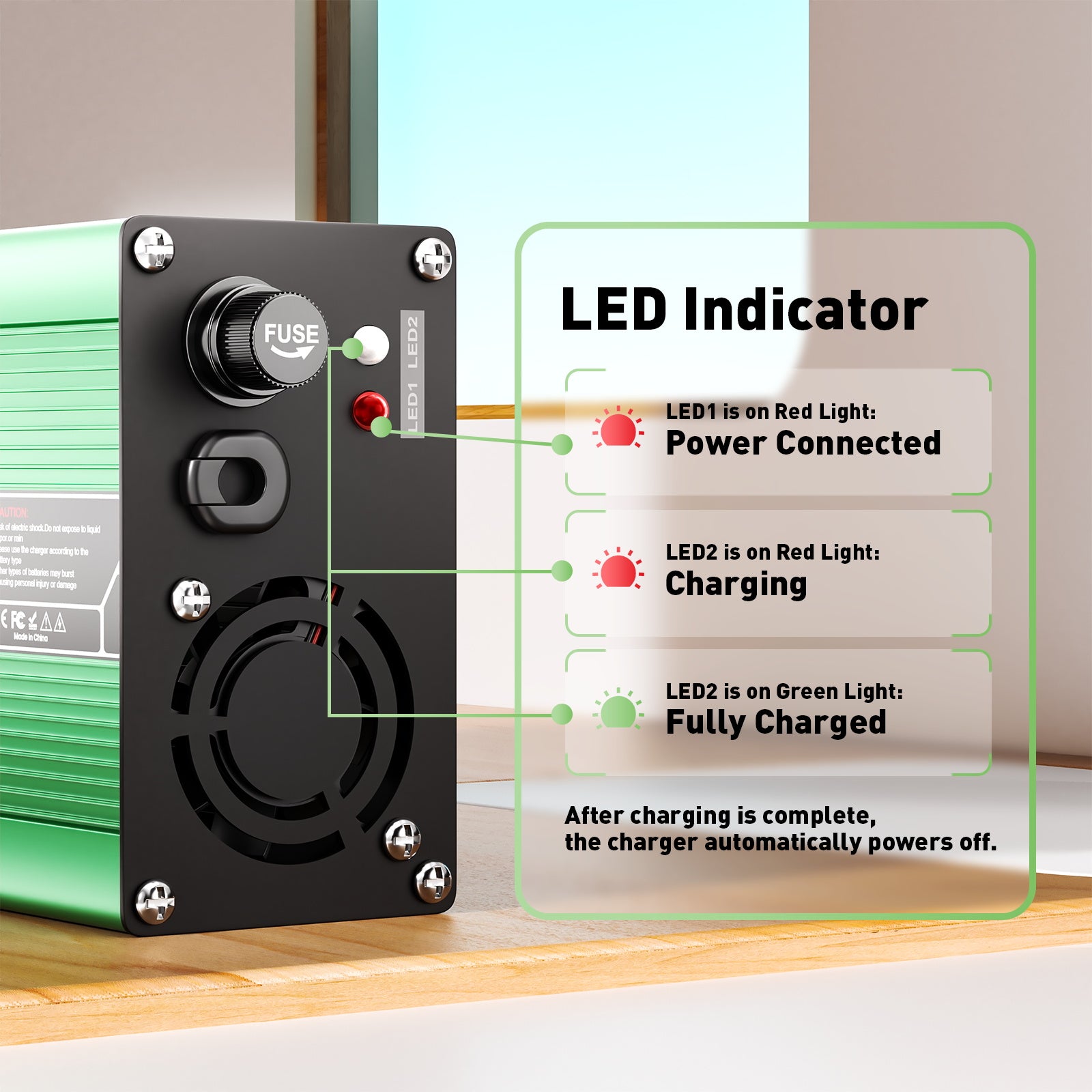 NOEIFEVO Caricabatterie 36.5V 4A LiFePO4 per batteria 10S 32V LiFePO4, spegnimento automatico (VERDE)