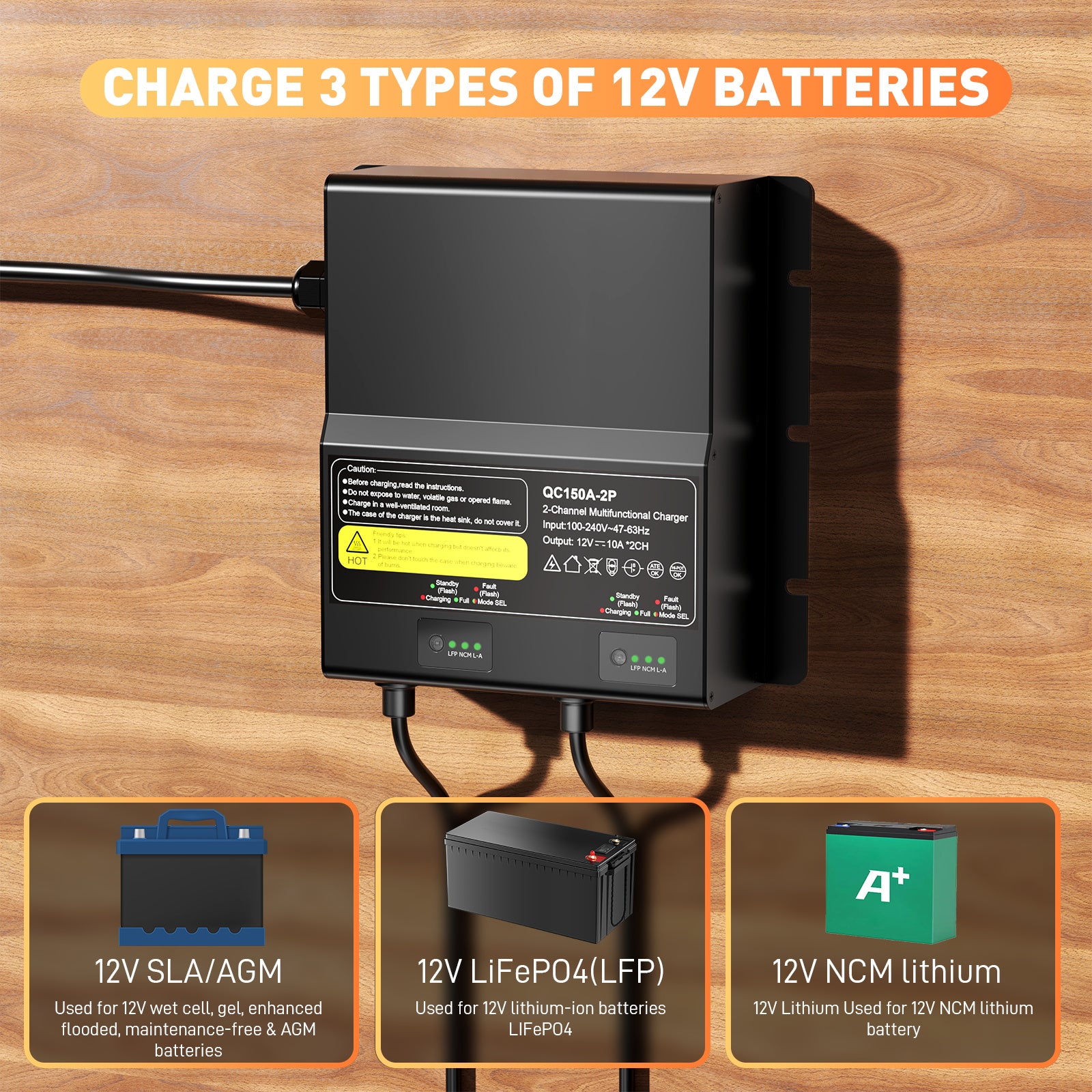 NOEIFEVO 12V 20A 2-bankový (10A/banka) univerzální nabíječ baterií, 12V vodotěsná nabíječka LiFePO4 lithium-olověných baterií pro obytný vůz, loď, motocykl, sekačku, trollingový motor a olověnou baterii