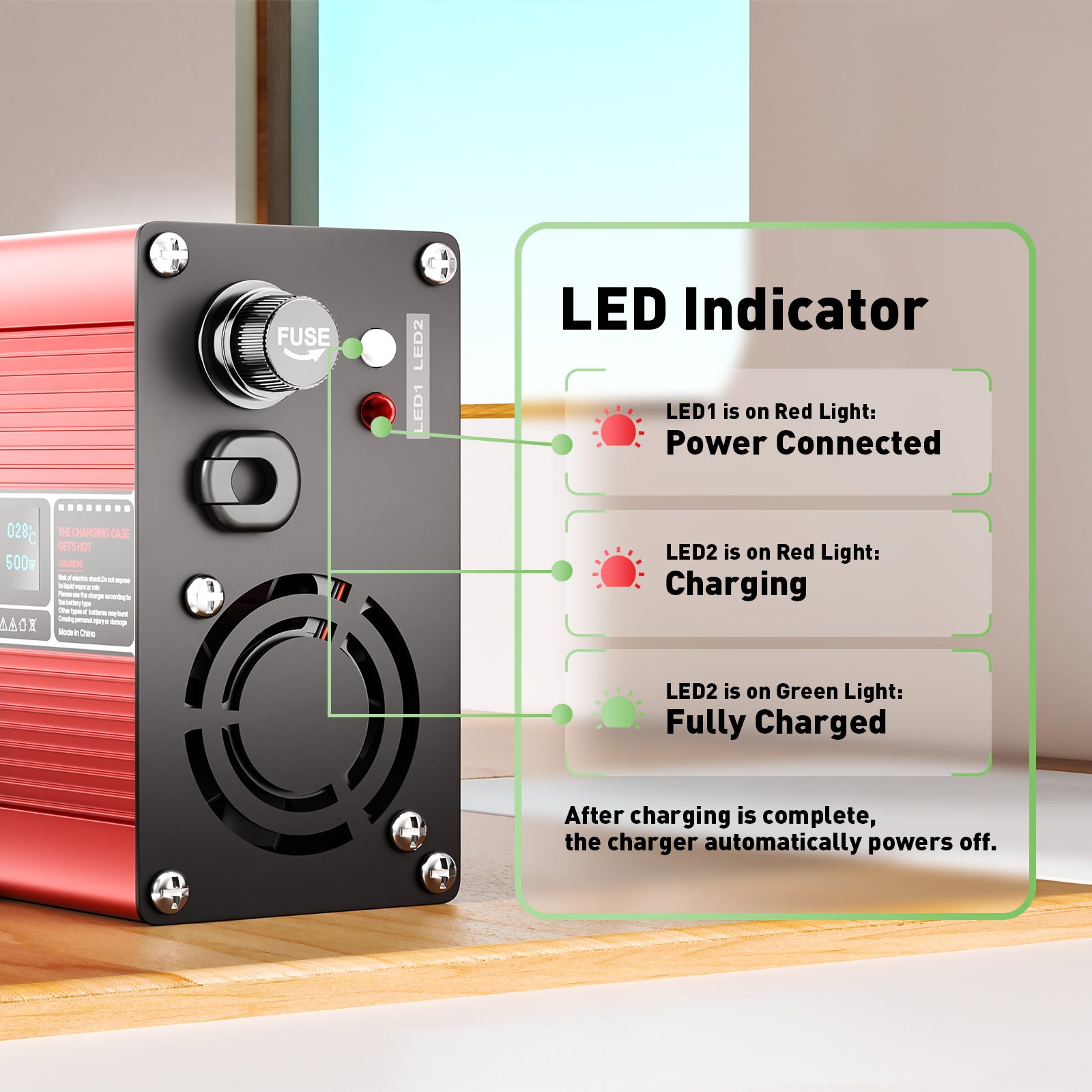 NOEIFEVO 58,4V 8A LiFePO4-batteriladdare för 51,2V 16S LiFePO4-batterier, automatisk avstängning, OLED-display, aluminiumhölje, med fläkt