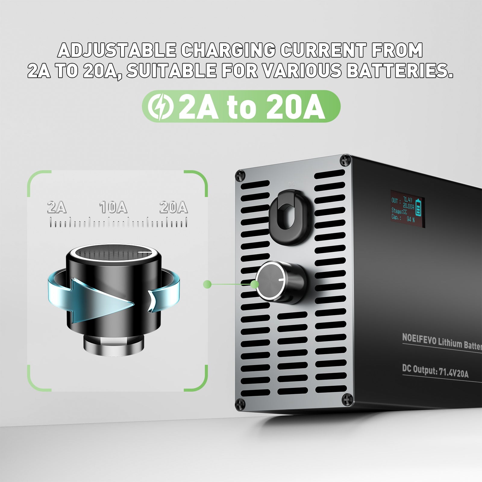 NOEIFEVO 71.4V 20A Nabíjačka batérií na lítium pre 60V 62.9V 17S lítiové, Li-Ion a Li-Po batérie, LCD displej, nastaviteľný prúd, nabíjačka pre e-bicykle, skútre, elektrické motocykle