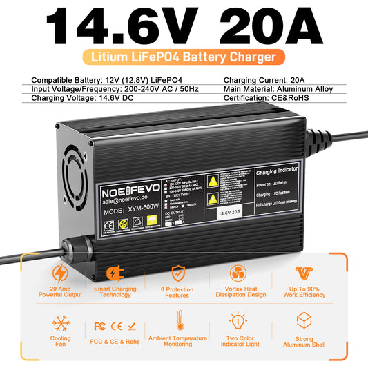 Noeifevo 14.6V 20A LiFePO4 batteriladdare för 12V 12.8V LiFePO4 litiumbatteri, 0V BMS aktivering, automatisk avstängning, hölje i aluminiumlegering