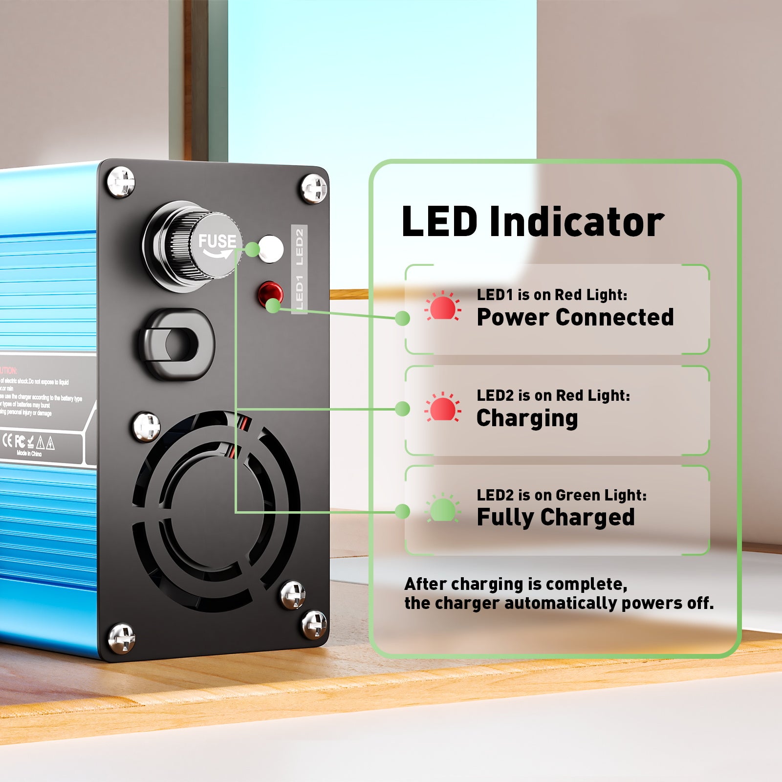 NOEIFEVO 42V 10A 10S Lithium-batterijlader, voor 10S 37V Li-Ion batterij, automatische uitschakeling, aluminium behuizing, met ventilator (blauw)