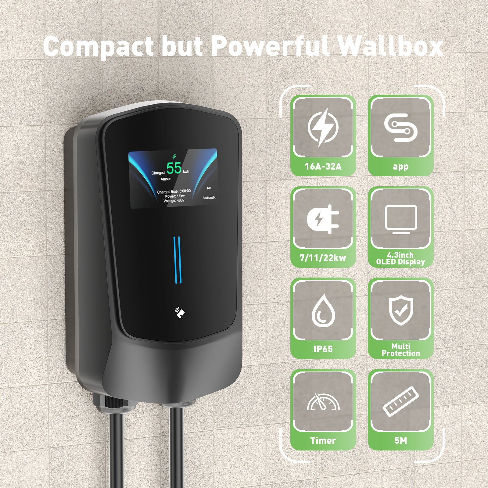 Noeifevo Q6 7KW 11KW 22KW EV wallbox laadstation, 5M snellaadkabel waterdicht, WiFi optioneel
​