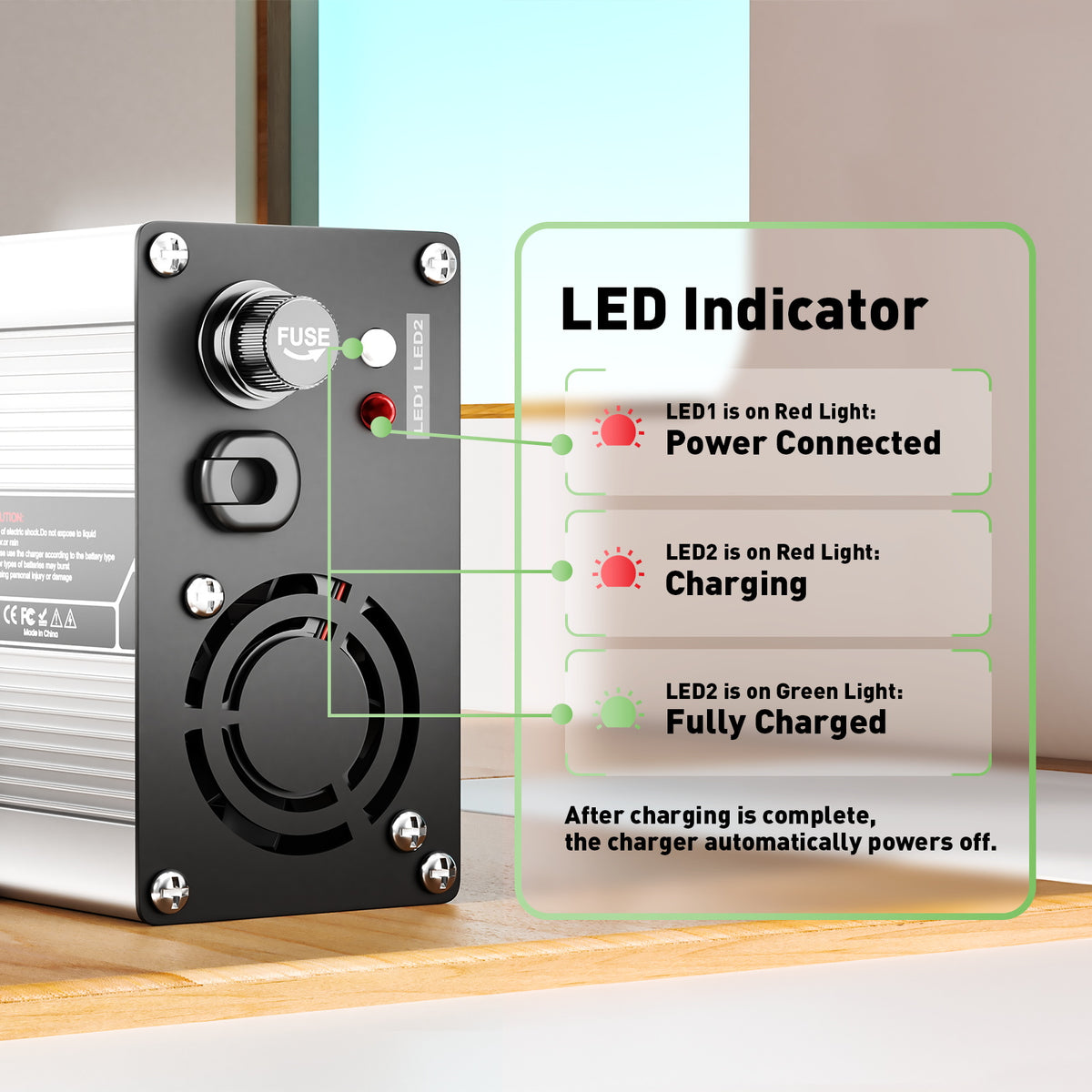 Caricabatterie 50.4V 8A Per Batterie Li-ion 12S 44.4V | Raffreddato E Con Connettore XT60 | Protezioni Multiple E Indicatore LED