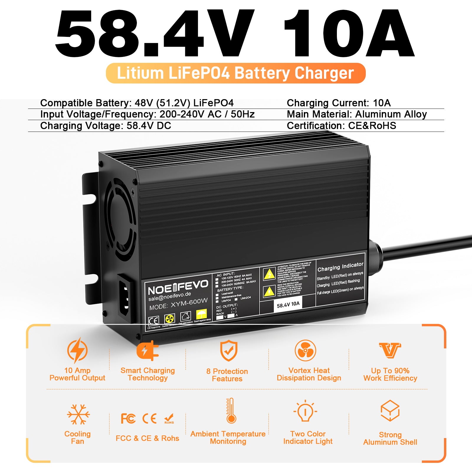 NOEIFEVO 58,4 V 10 A LiFePO4batería de  Cargador para batería de litio de 51,2 V (48 V) 16S para carros de golf, vehículos recreativos y motores de pesca eléctricos