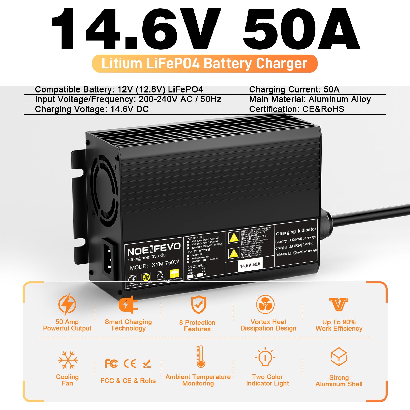 מטען סוללות Noeifevo 14.6V 50A מהיר ליתיום LiFePO4 לסוללת 12V(12.8V) LiFePO4, הפעלה של 0V BMS, כיבוי אוטומטי עם הגנה מלאה