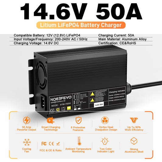 Noeifevo 14,6V 50A Snabb Lithium LiFePO4 batteriladdare för 12V(12,8V) LiFePO4 batteri, 0V BMS aktivera, automatisk avstängning med fullt skydd