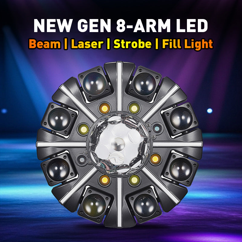 180W 8-Arm-Beam-Partylicht Bühnenbeleuchtung, 4-in-1 RGBW LED-Effektleuchte DMX512 für DJ, Disco-Party, KTV, Konzert, Nachtclub