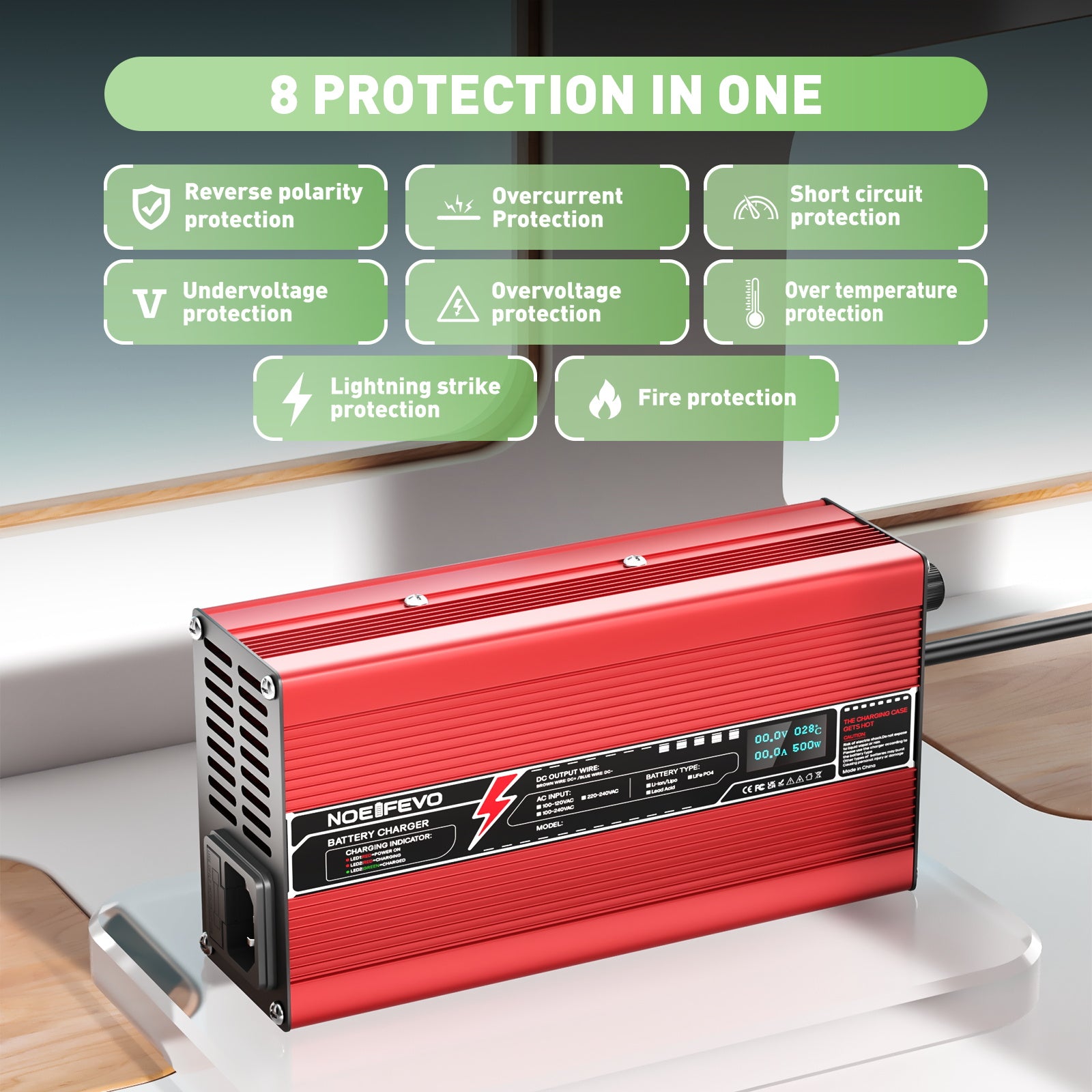 NOEIFEVO 12V 20A Blybatterioplader, opladningsspænding 13,8V-14,7V, automatisk afbrydelse, OLED-display, aluminiumhus, med blæser