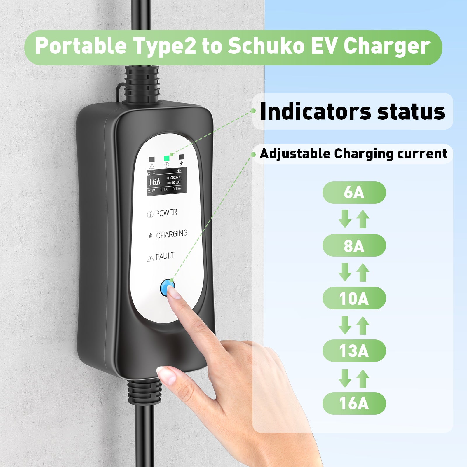 סוג נייד 2 3.6kW 16a מטען EV, Type1 כבל טעינה EV נייד 5 מטר עם Schuko