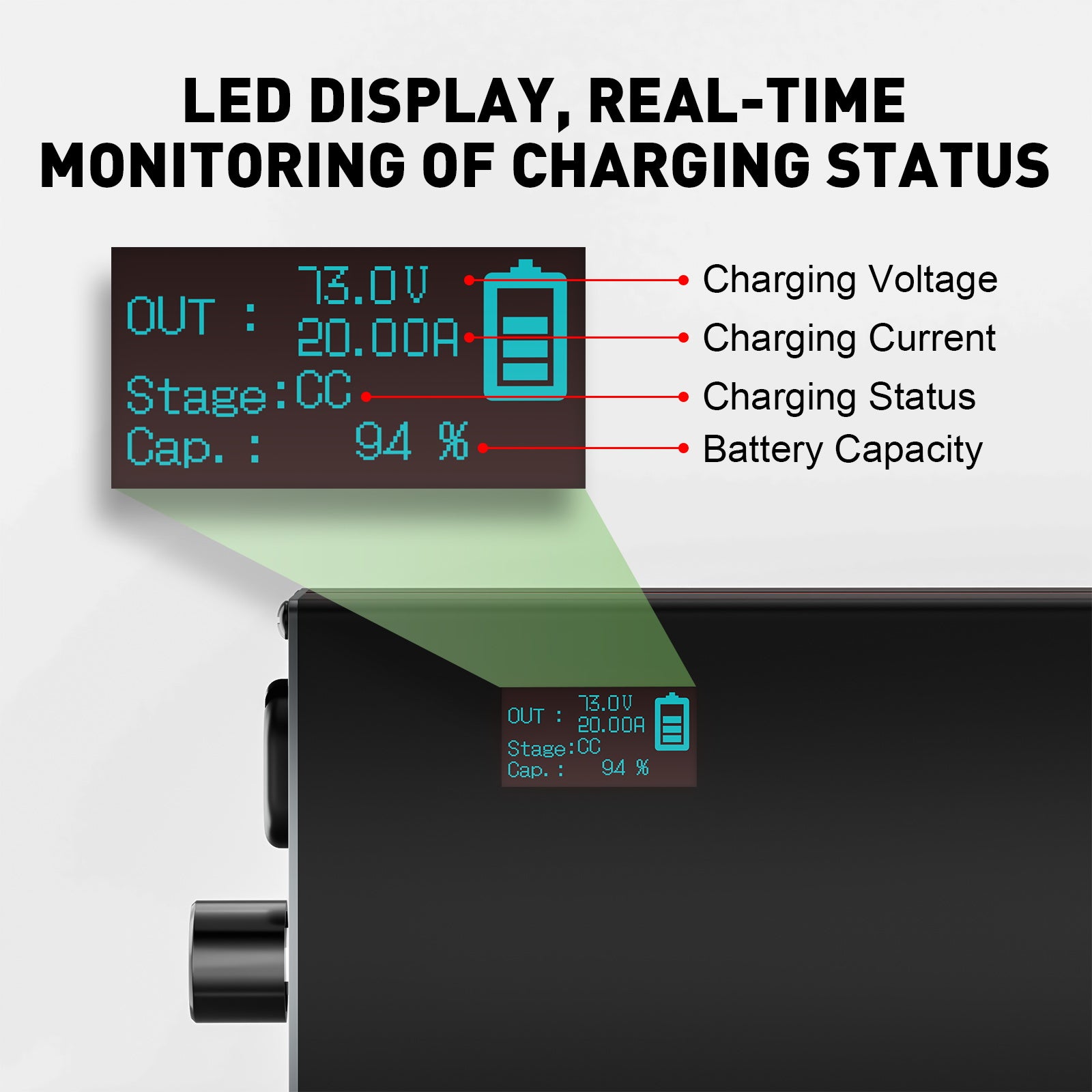 NOEIFEVO 73V 2-20A Litium-LiFePO4-laddare för 60V 64V 20S LiFePO4-batteri, LCD-display, justerbar ström, laddare för trollingmotor, båt och husvagnar