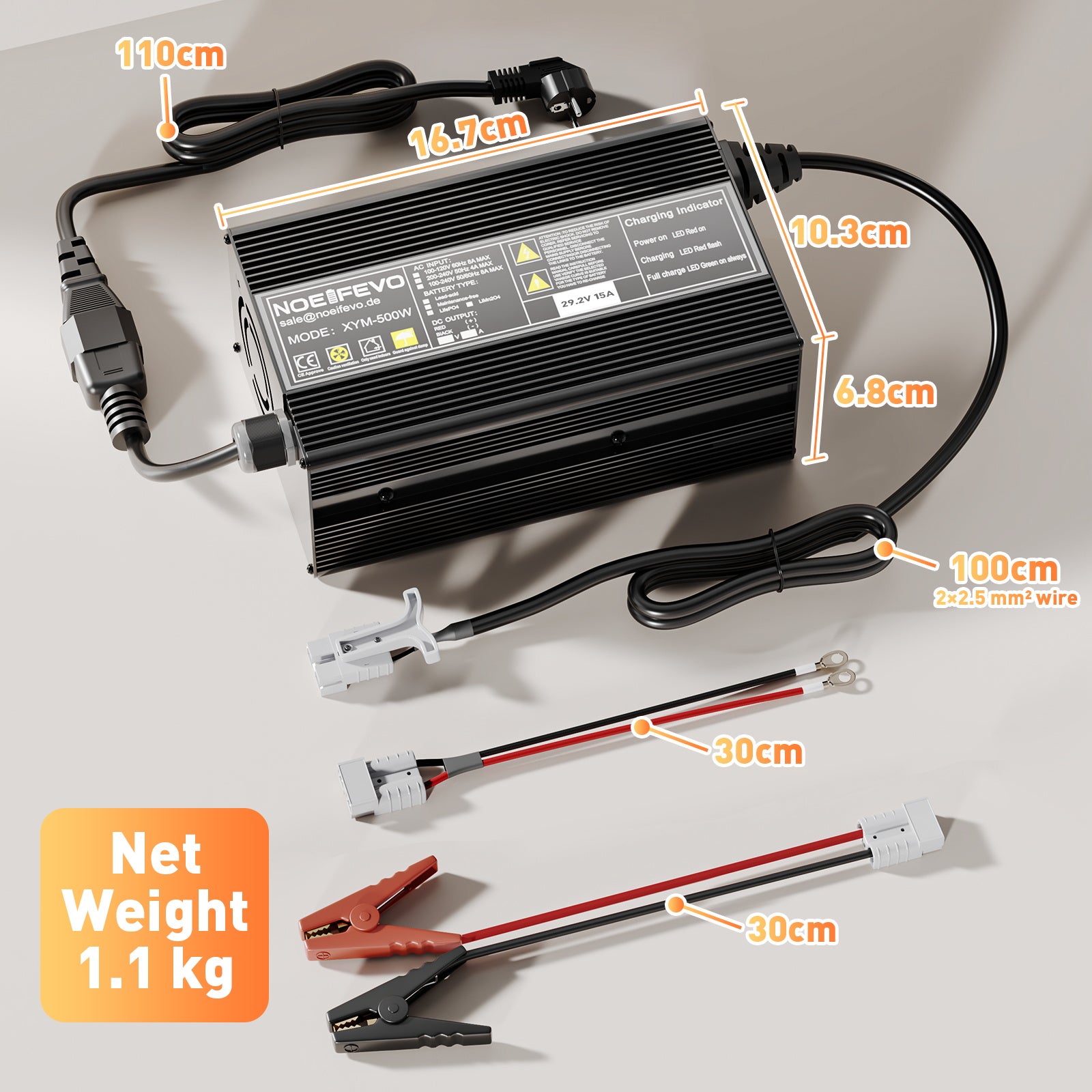 Noeifevo 29.2V 15A LiFePO4 batterijlader voor 24V 25.6V lithium batterij, 0V BMS activering, automatische uitschakeling met volledige bescherming